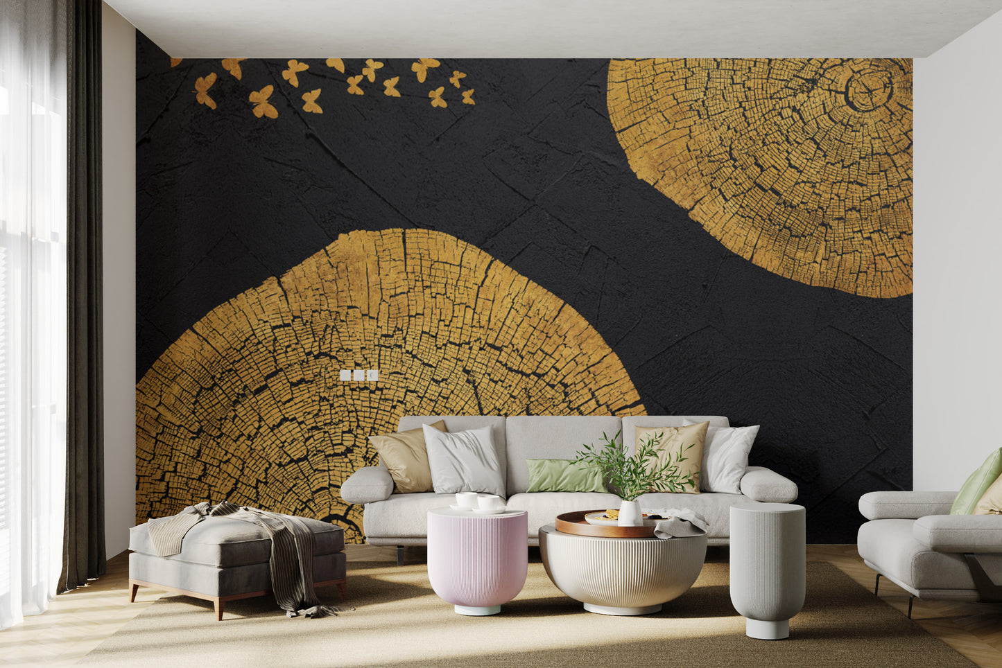 Artistic golden mural with butterfly and wood motifs