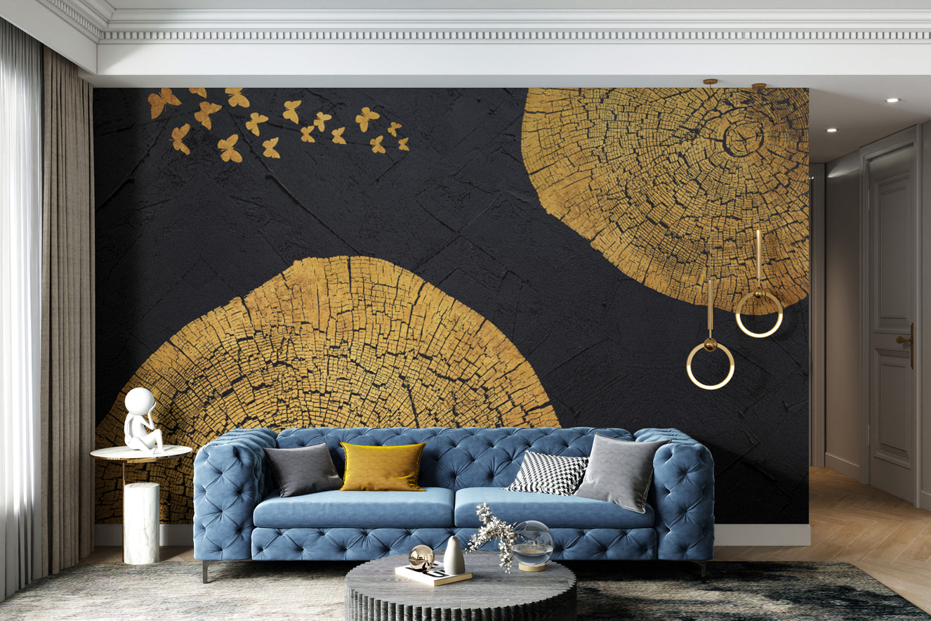 Elegant mural with golden wood grain and butterflies