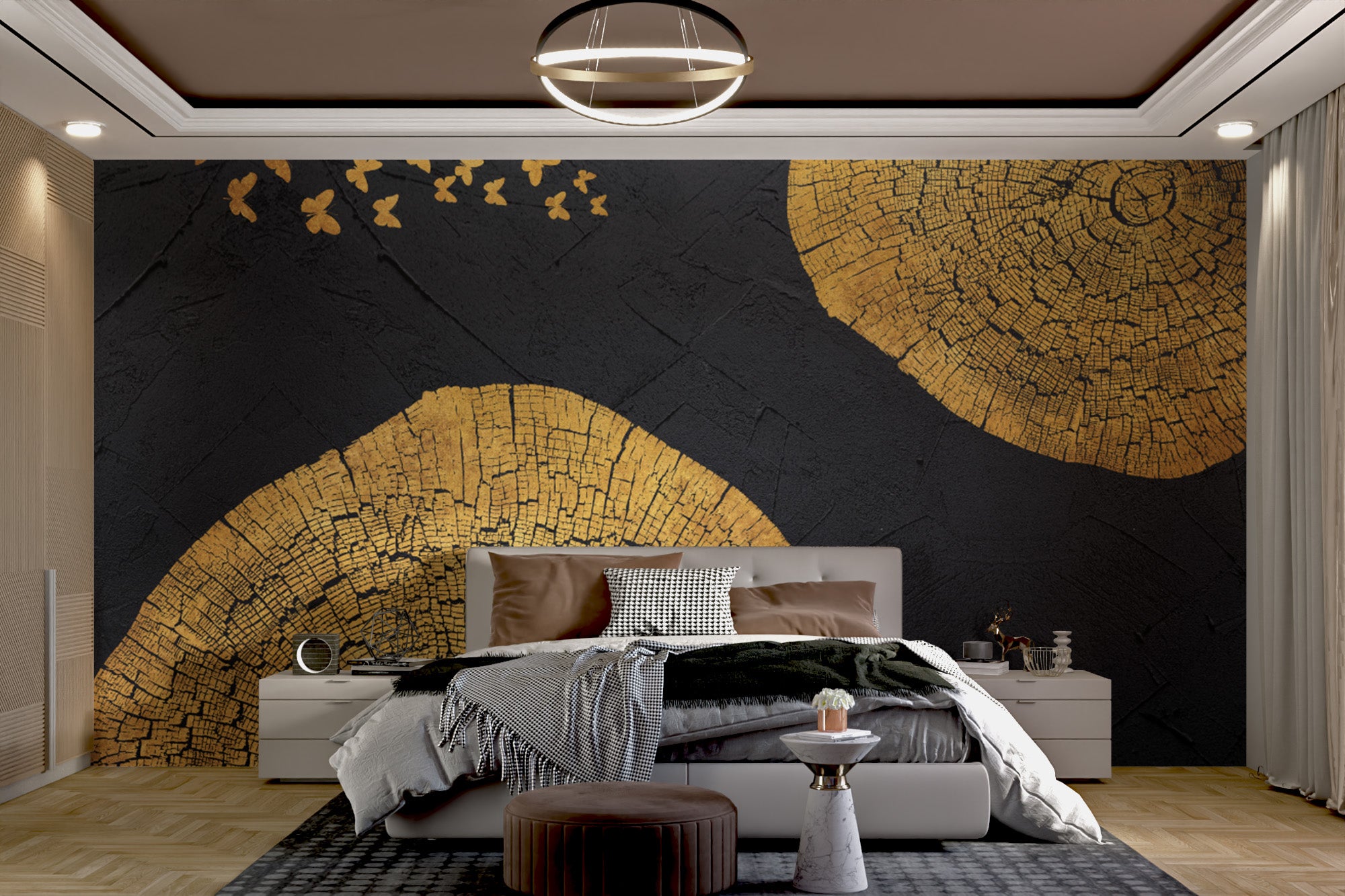 Sophisticated wood grain mural adorned with butterflies