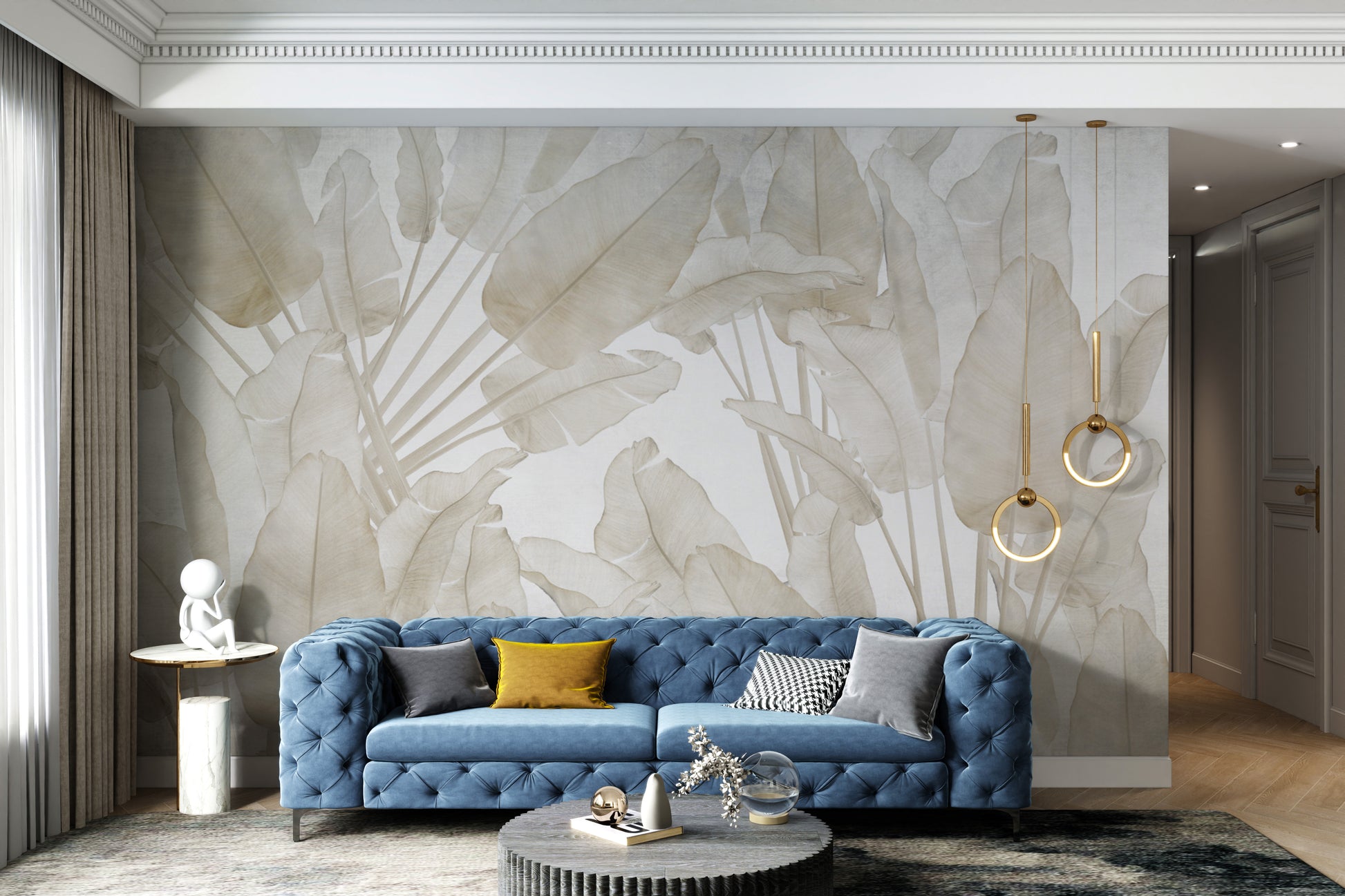 Tropical leaves and misty forest mural for tranquil spaces