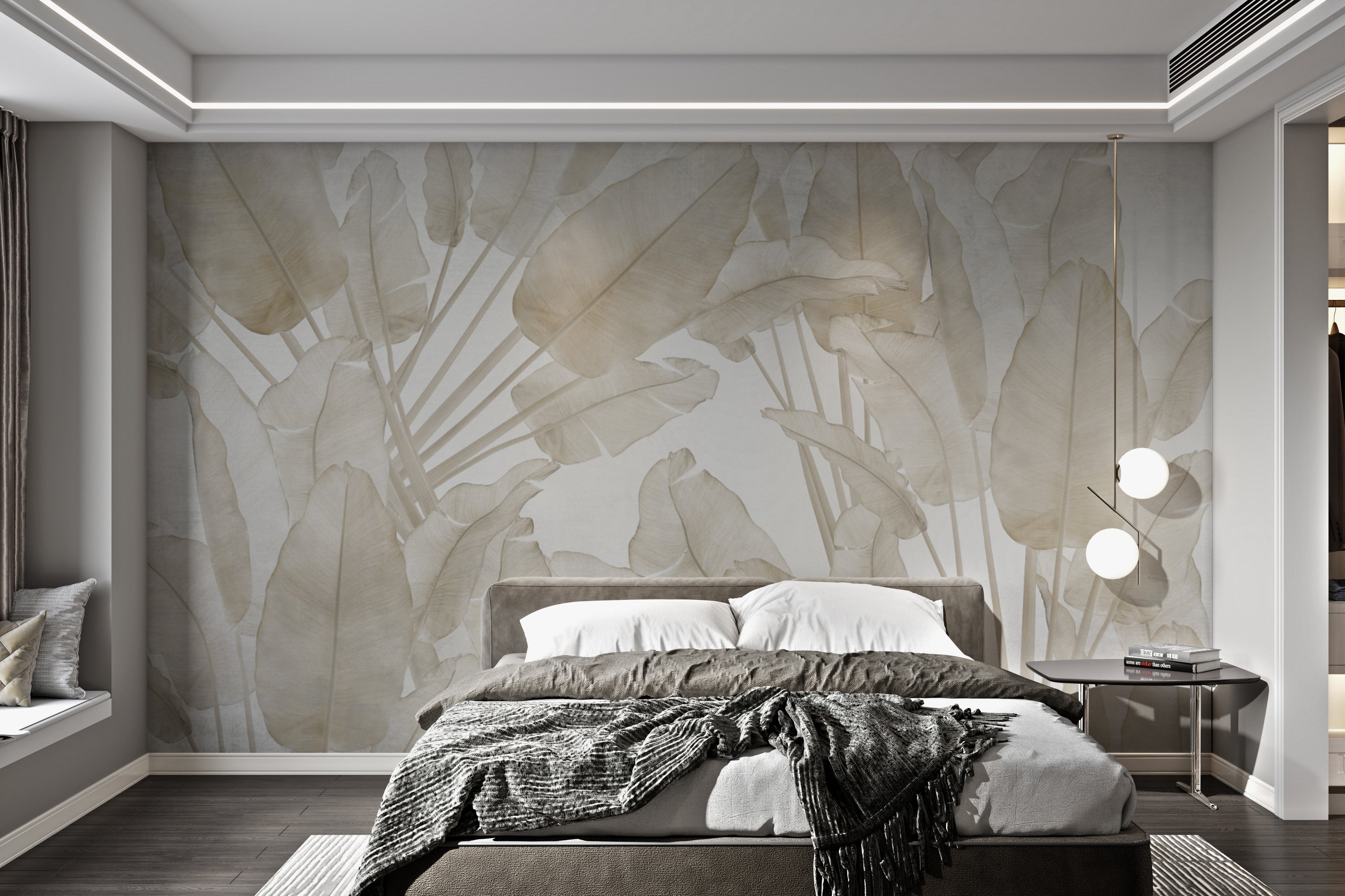 Foggy forest mural featuring vibrant tropical foliage