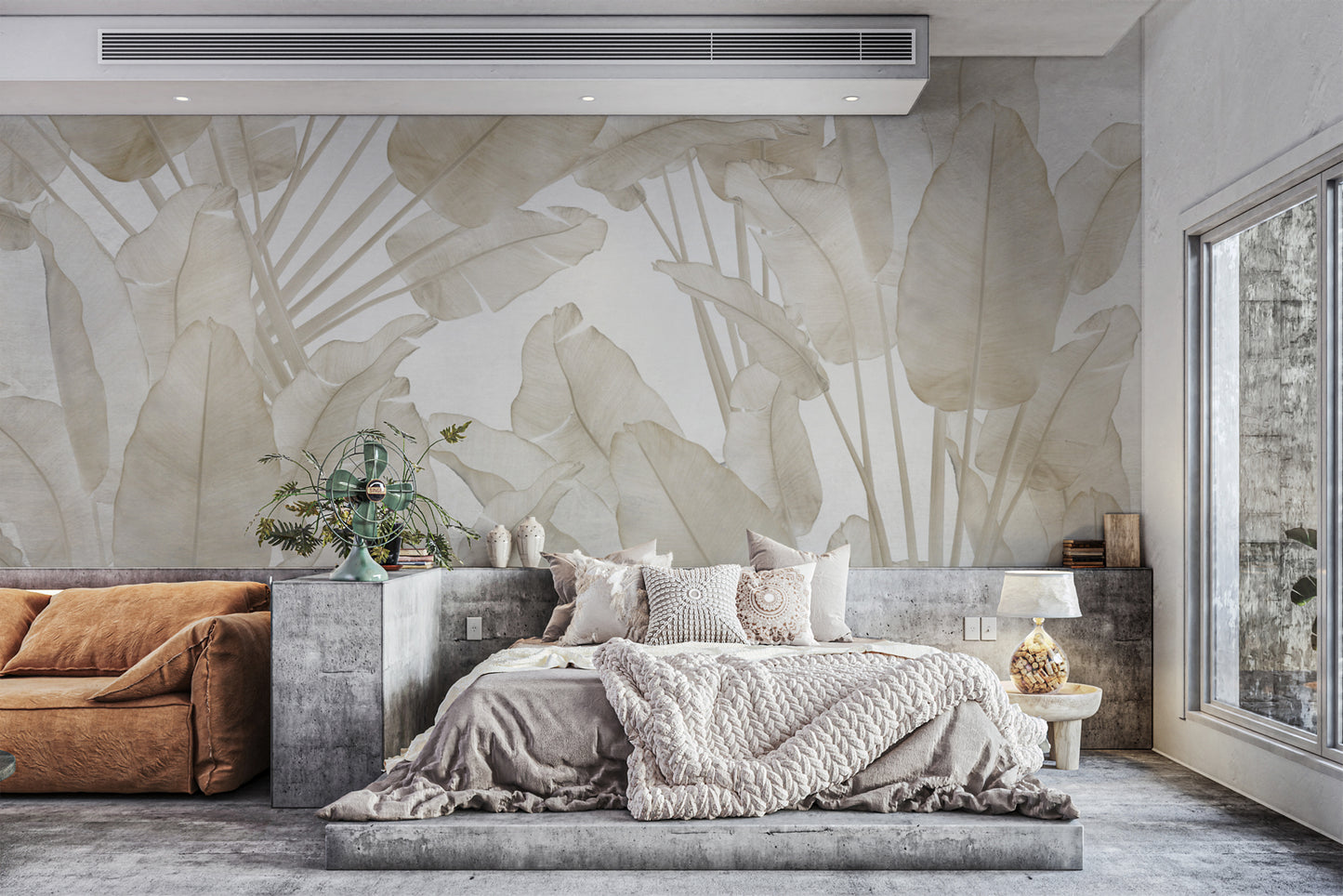 Serene wall mural with misty forest and tropical leaves