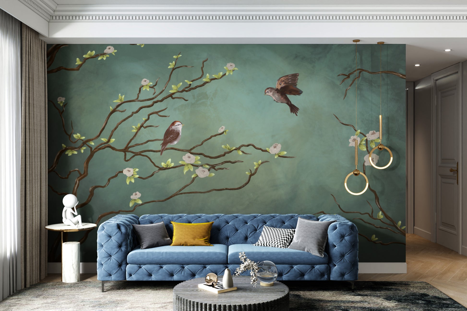 Sparrow and blossom mural for serene wall decor