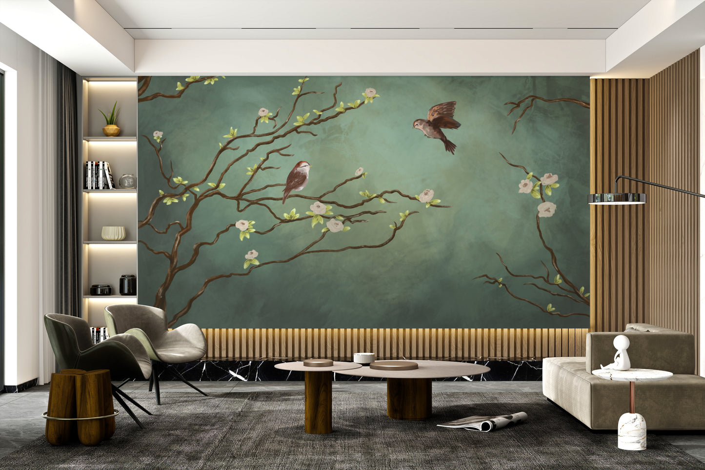 Artistic wall mural with birds and blossoming flowers