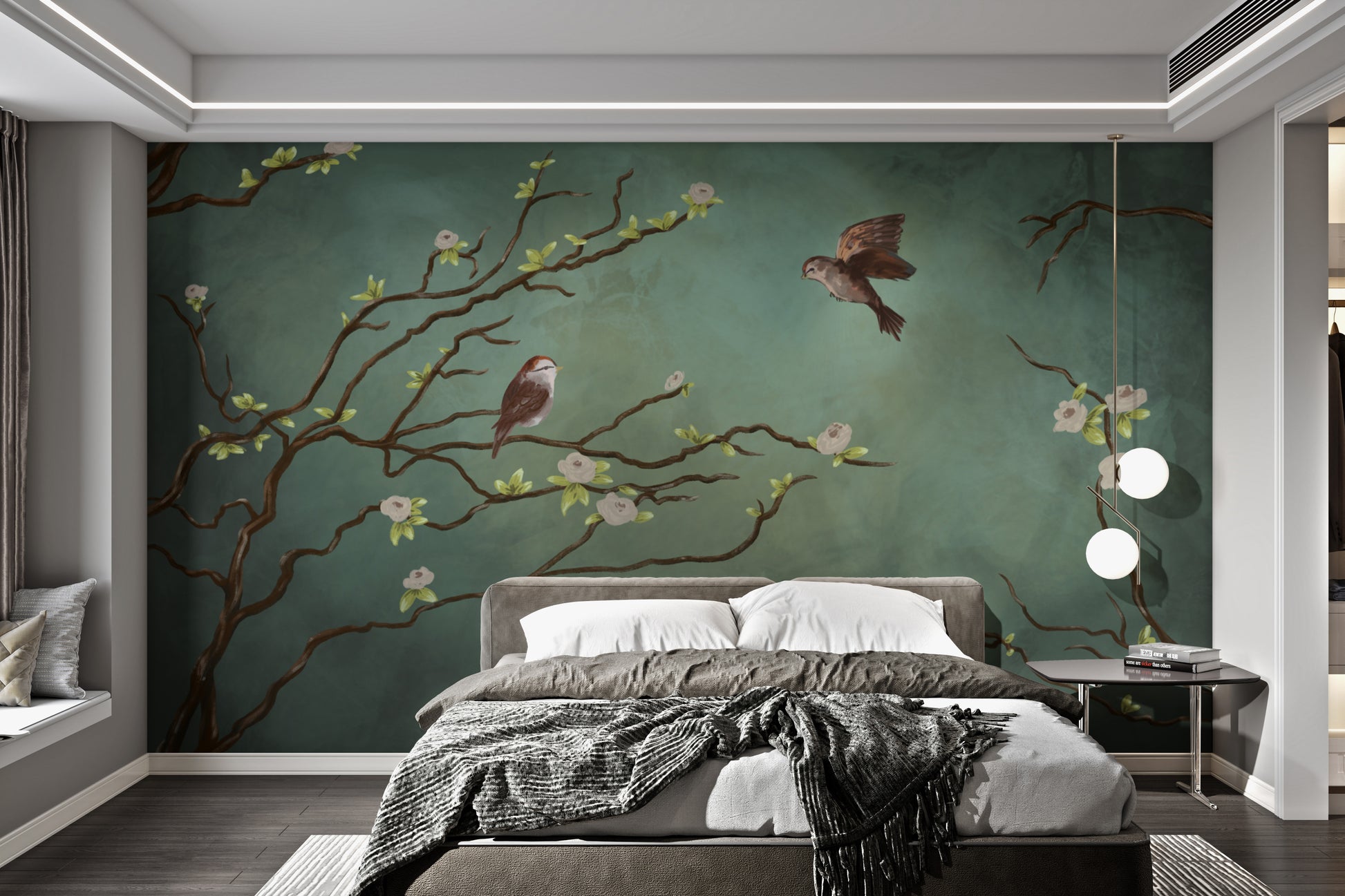 Charming mural showcasing sparrows and gentle blossoms