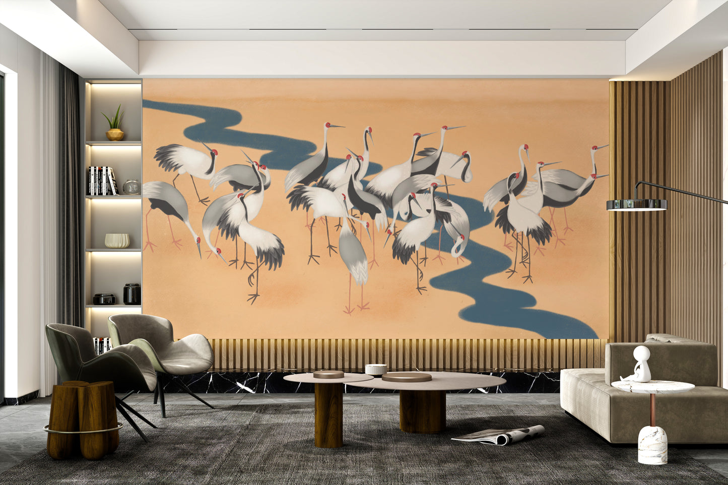 Crane dance mural with delicate and artistic details