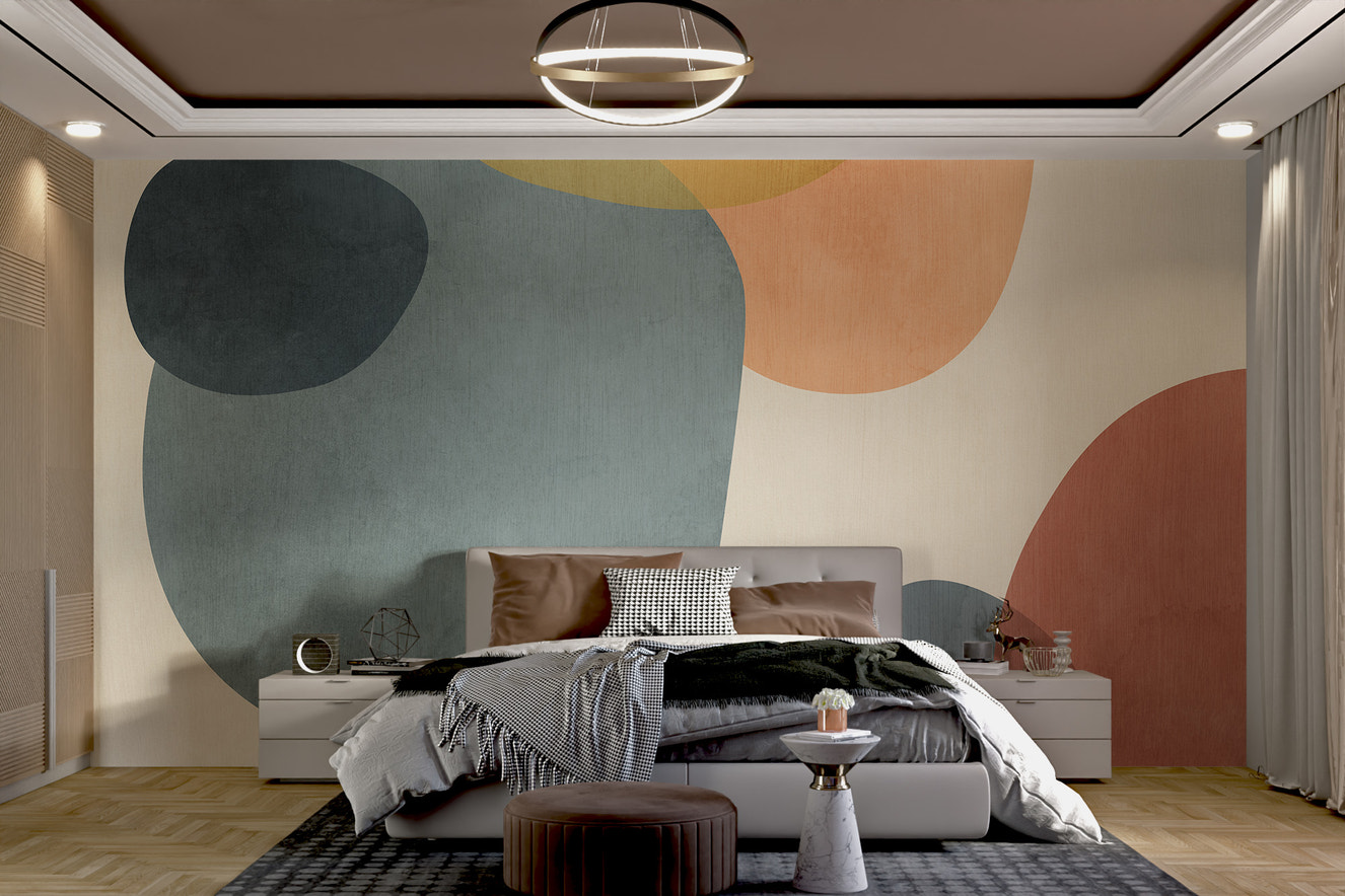 Geometric shapes form a bold abstract mural