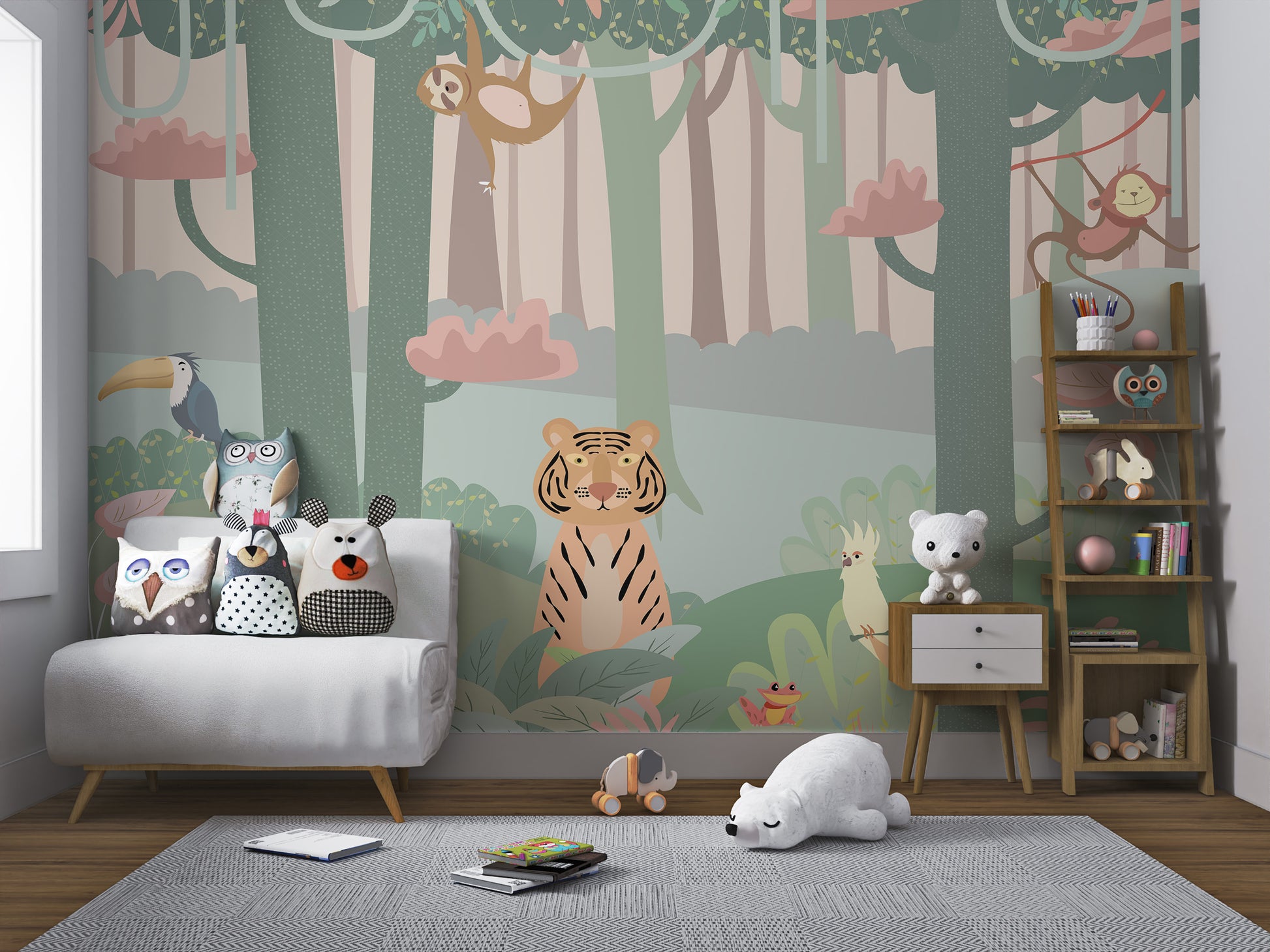 Cartoon animals having fun in a forest mural