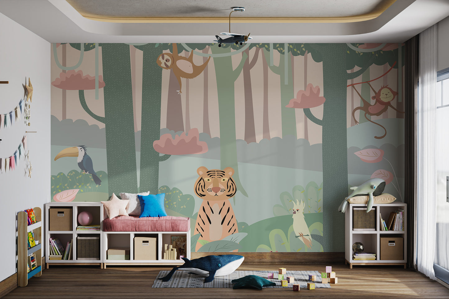 Colorful forest mural with happy cartoon animals