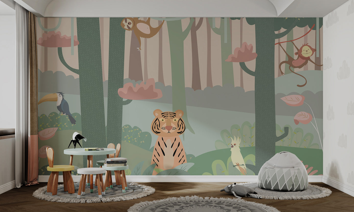 Cute cartoon animals enjoying a forest landscape