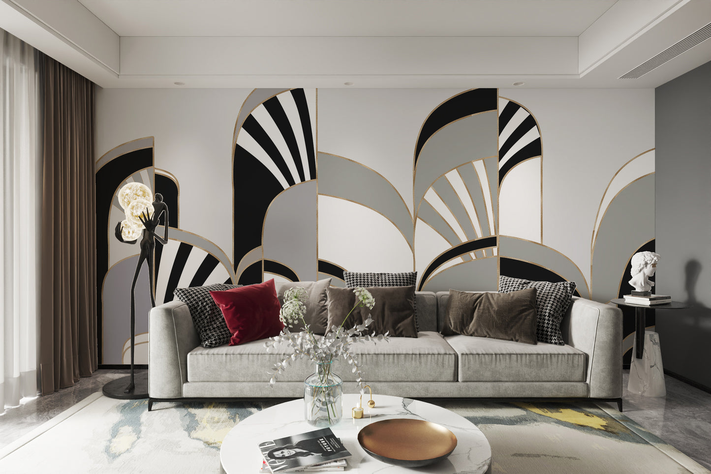 Black and white geometric art deco wall mural