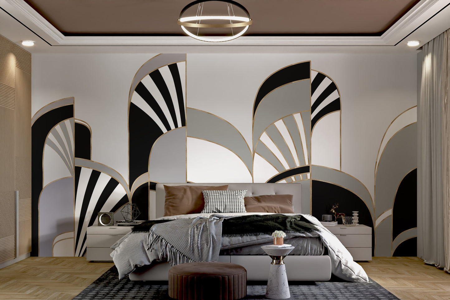 Black and white mural with art deco geometry