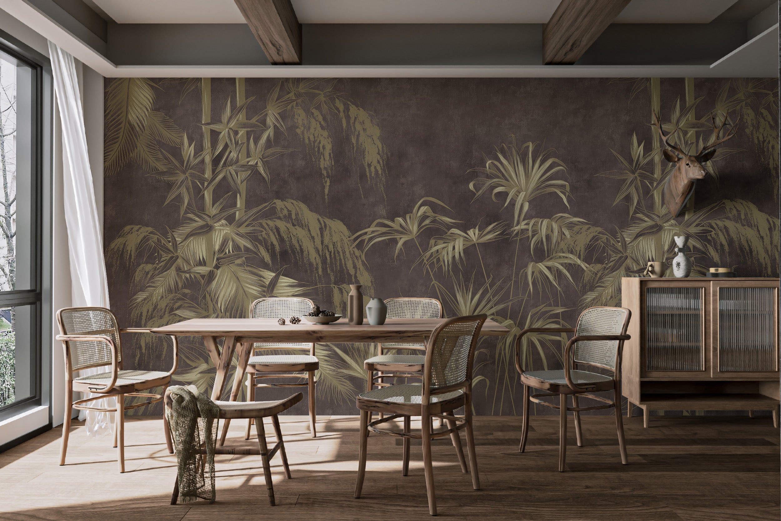 Moody botanical mural for serene spaces