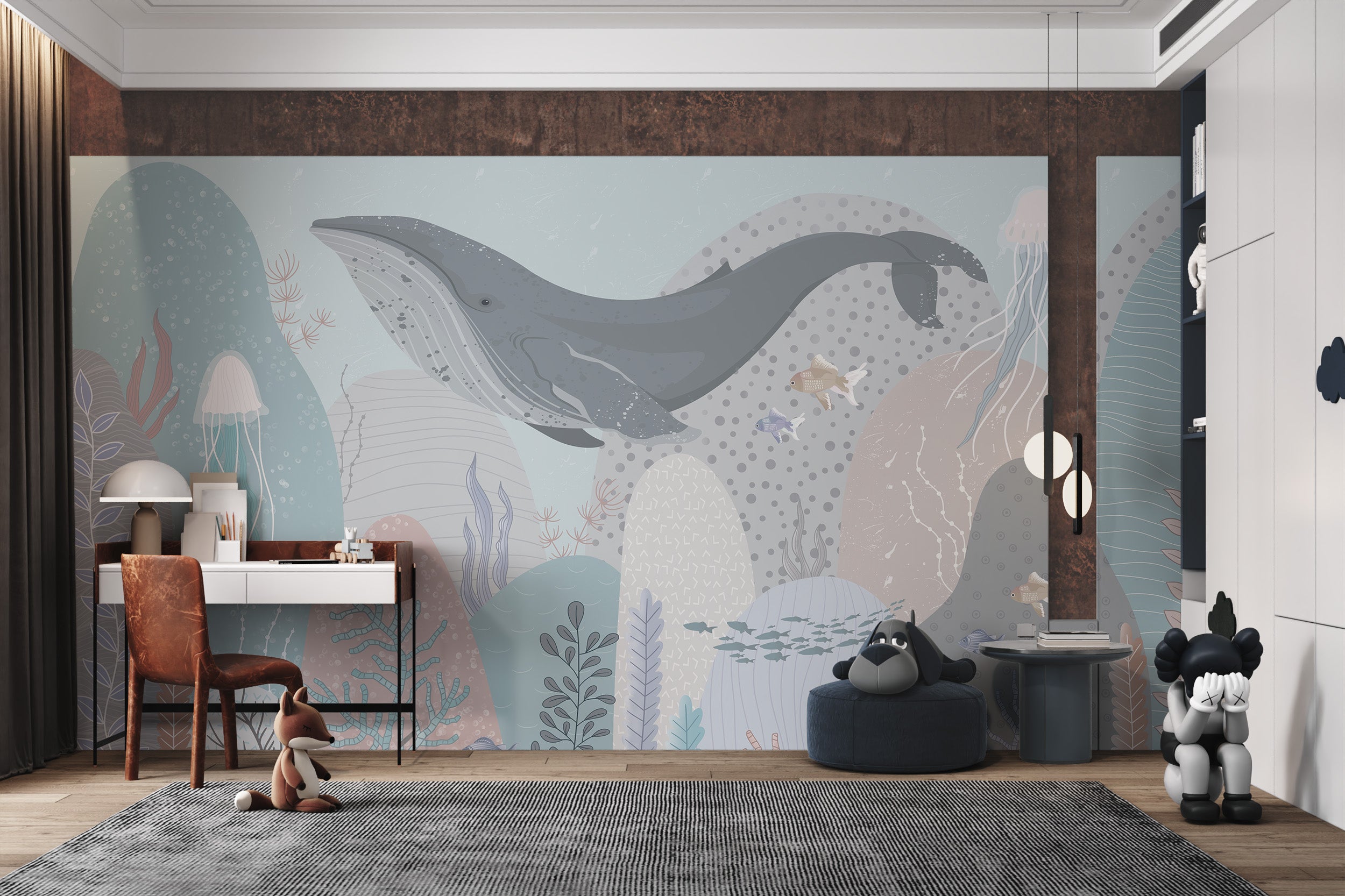 Minimalist ocean mural with a large whale