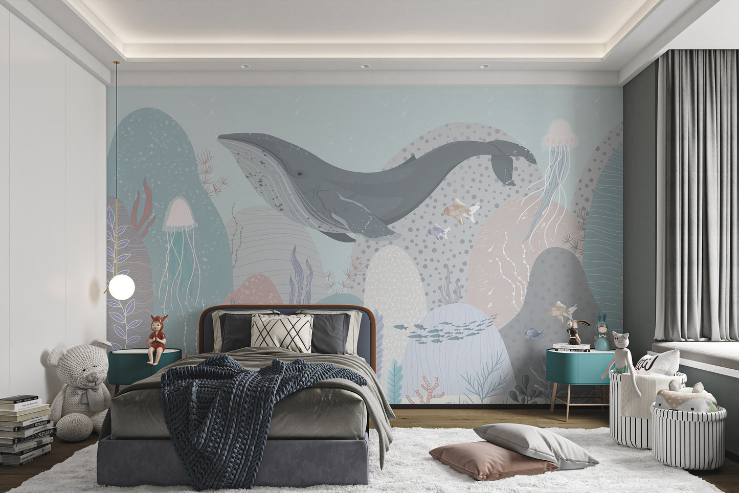 Whale swimming mural with soft ocean tones