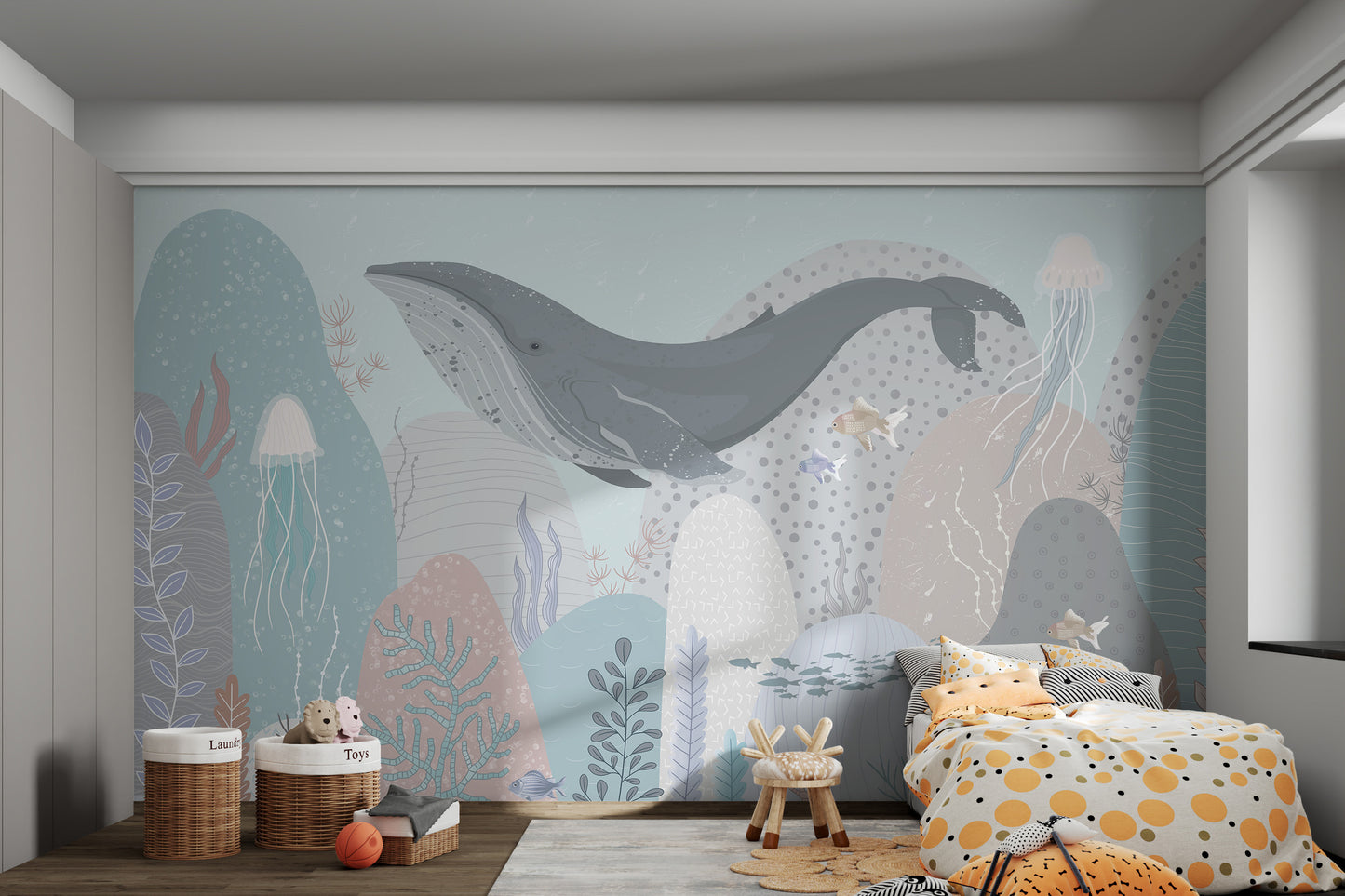 Whale-themed mural with jellyfish and fish