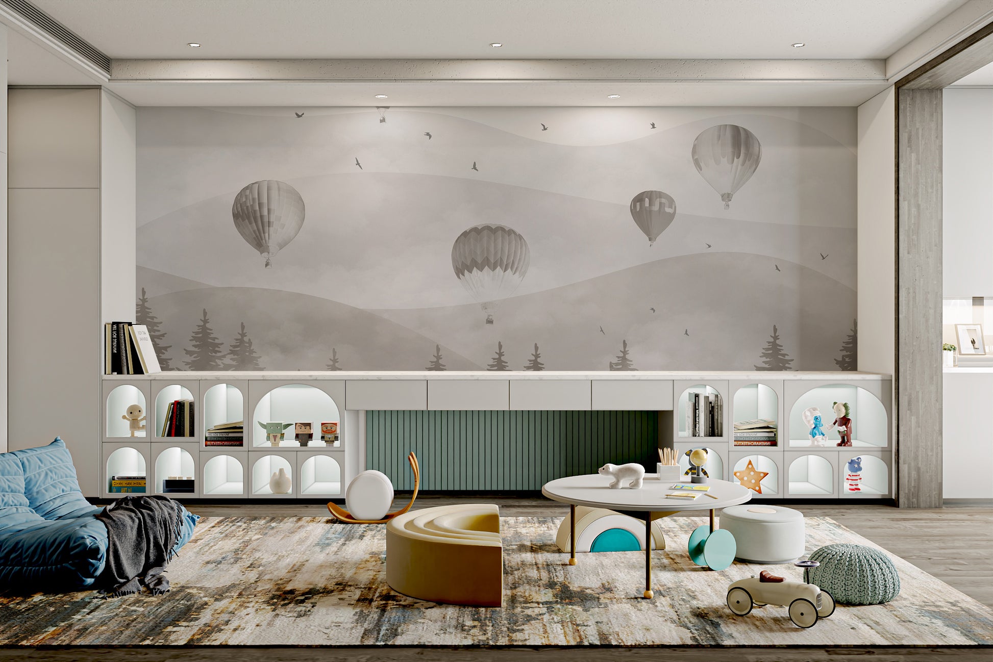 Hot air balloon mural with serene gray tones