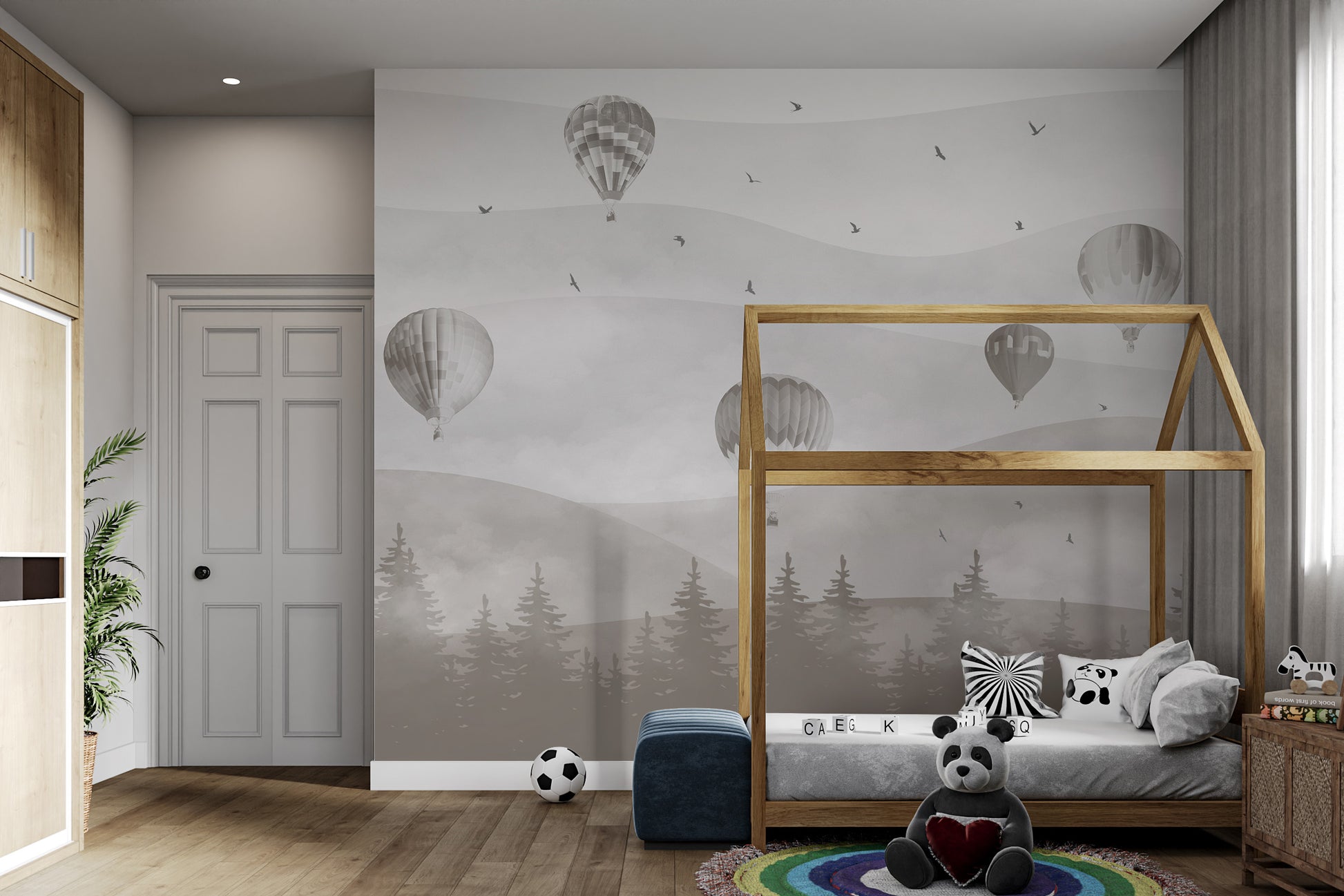 Minimalist landscape with hot air balloons wall art