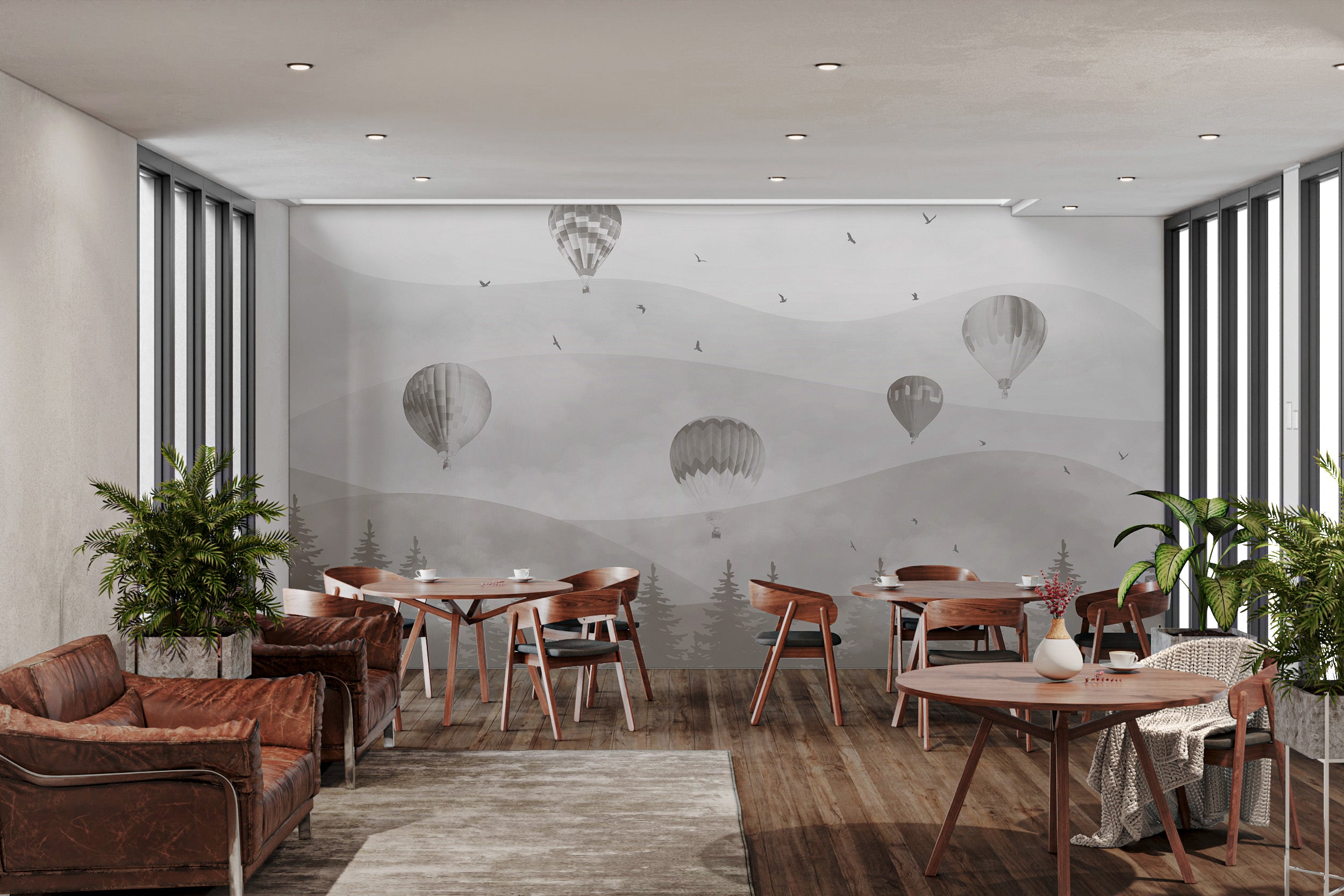 Gray-themed mural with balloons and forest scene