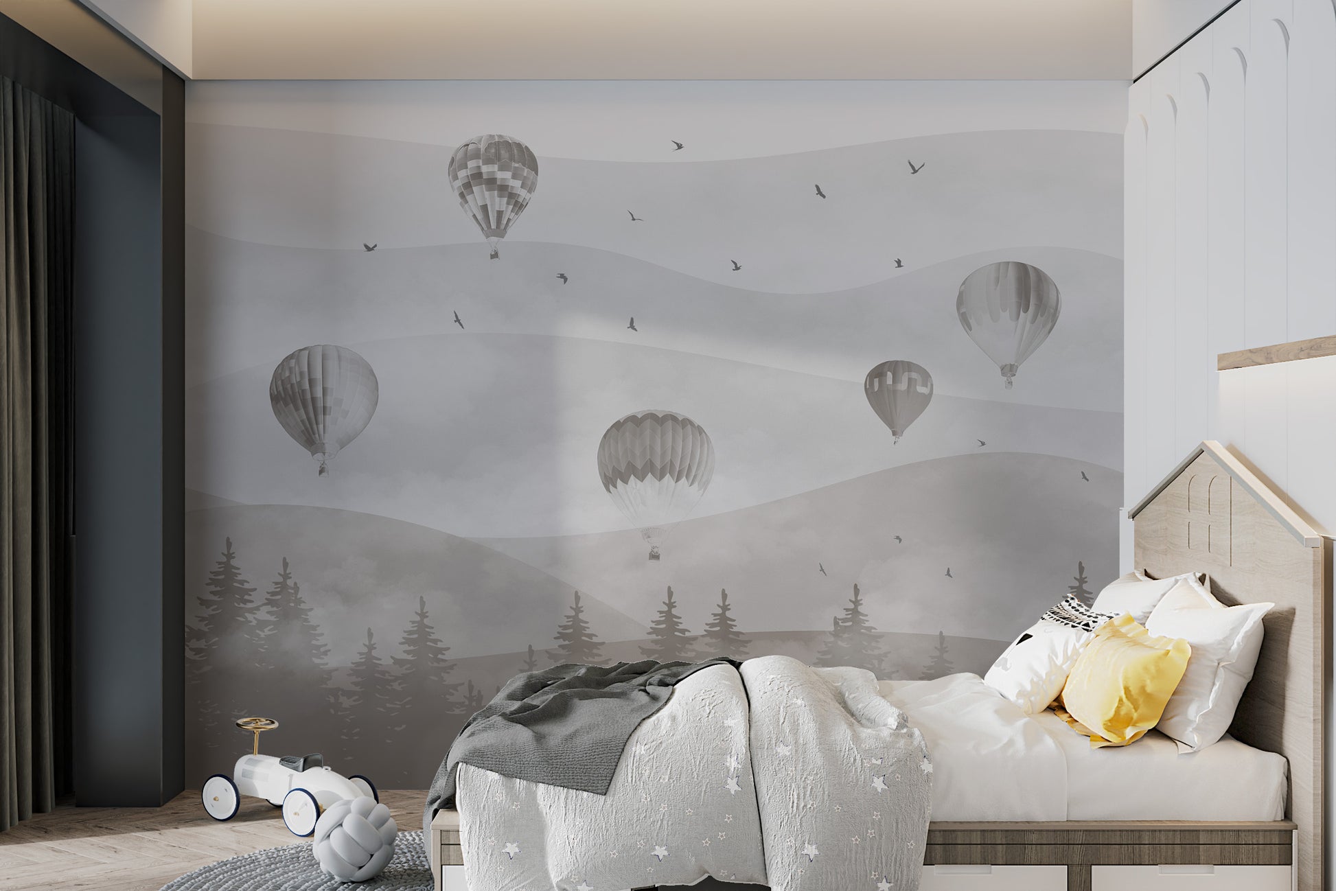 Scenic wallpaper featuring balloons and rolling hills