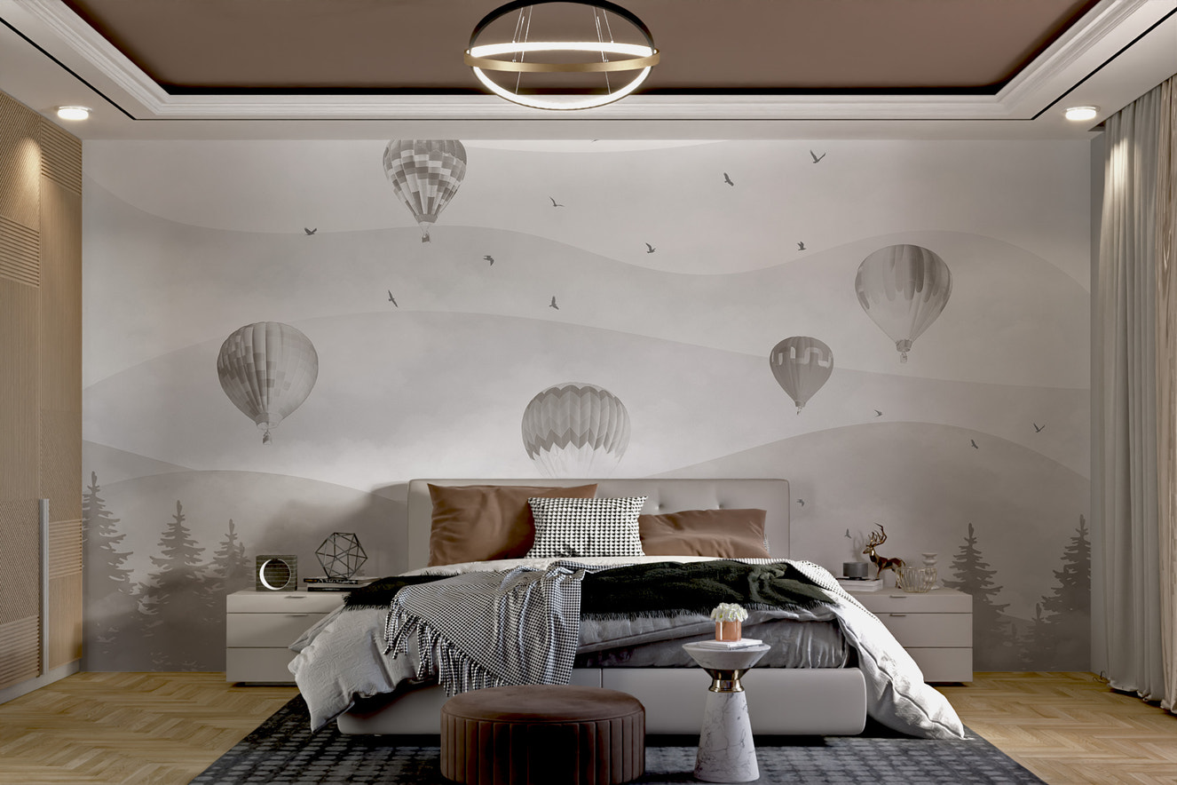 Hot air balloons over gray hills wallpaper design