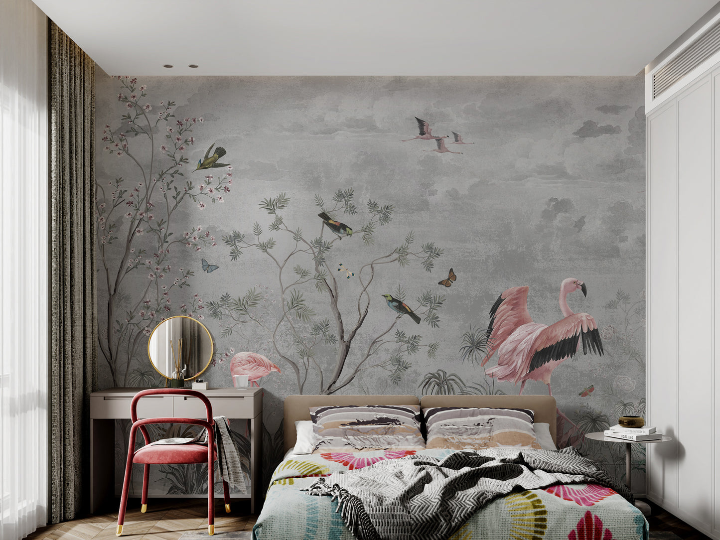 Jungle Leaves Flamingo Birds Wallpaper Murals