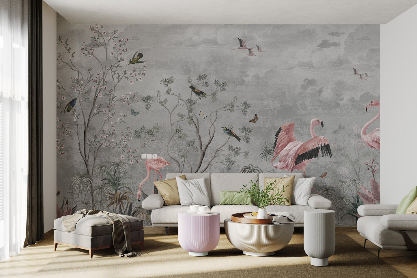 Jungle Leaves Flamingo Birds Wallpaper Murals