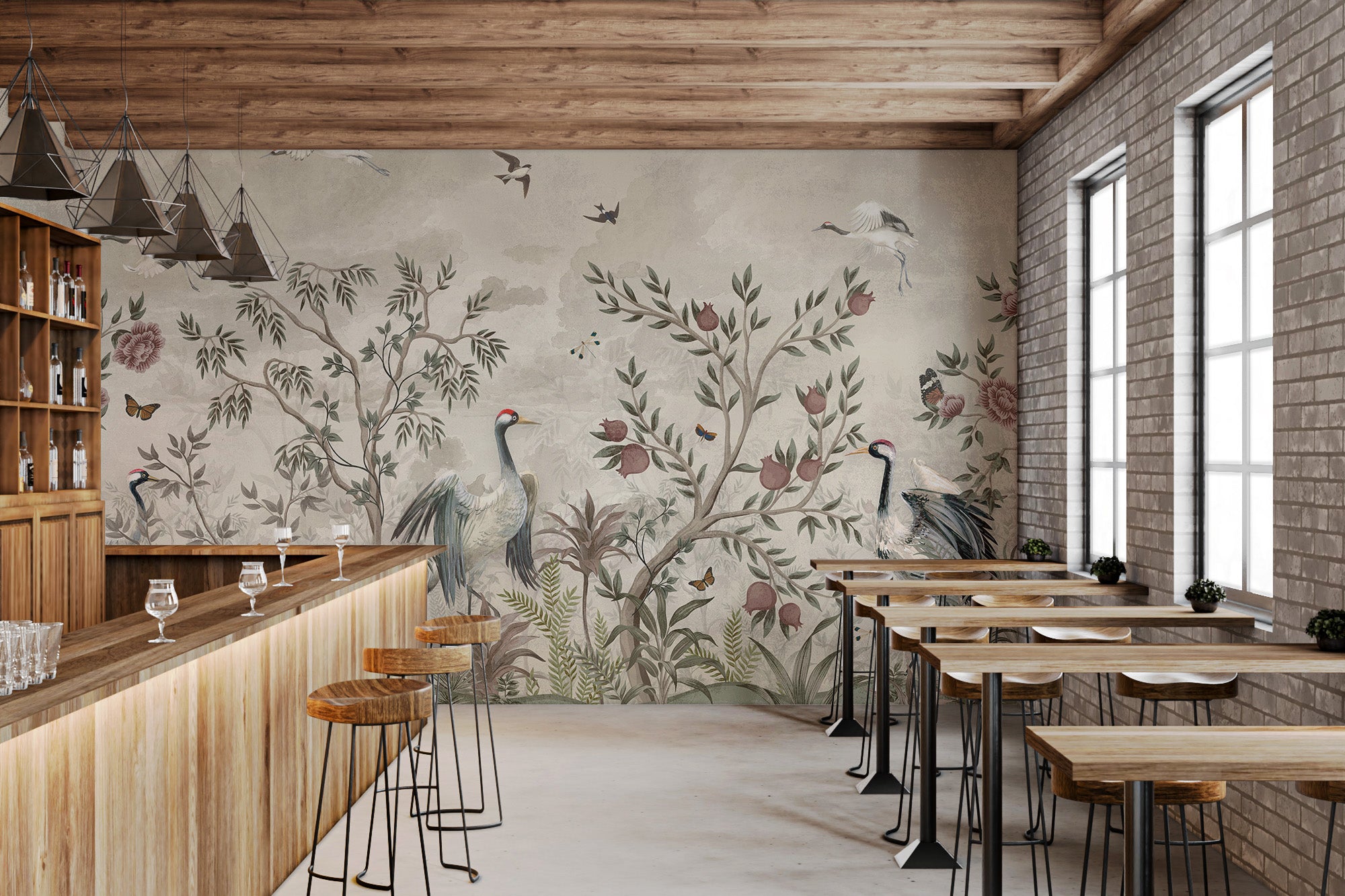 Elegant crane wallpaper with lush foliage details