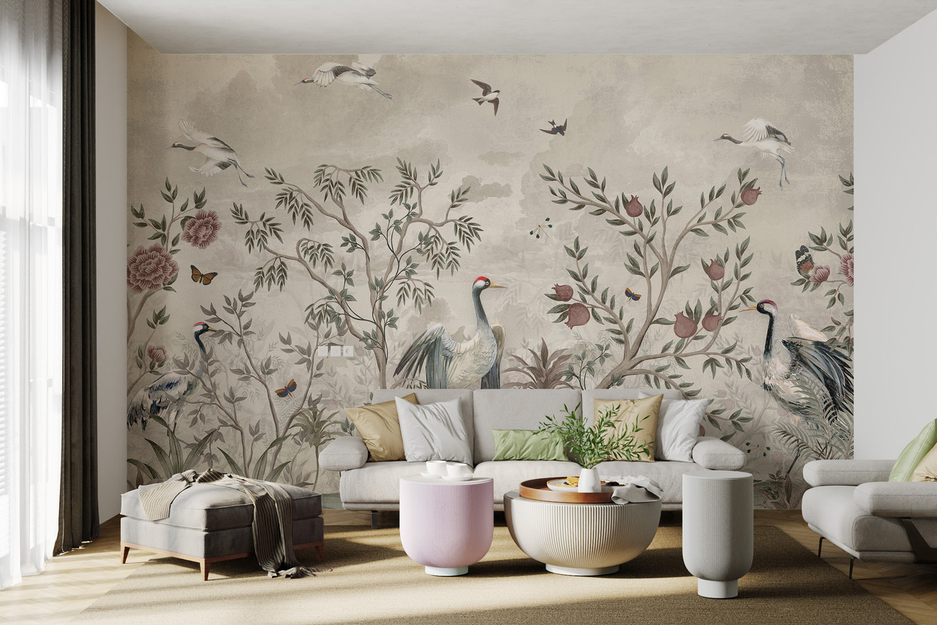 Vintage wallpaper with cranes and floral design