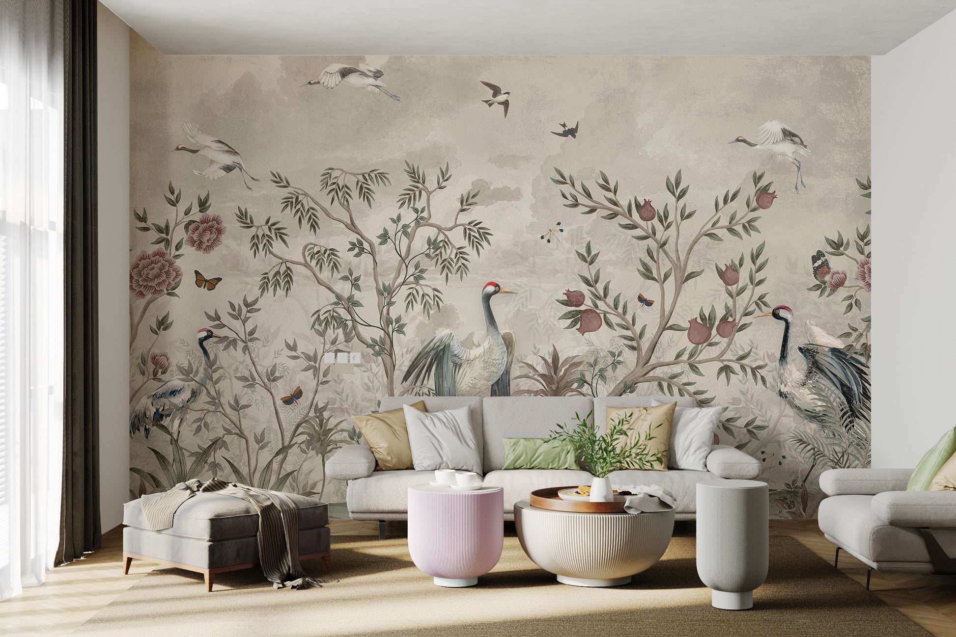 Vintage wallpaper with cranes and floral design