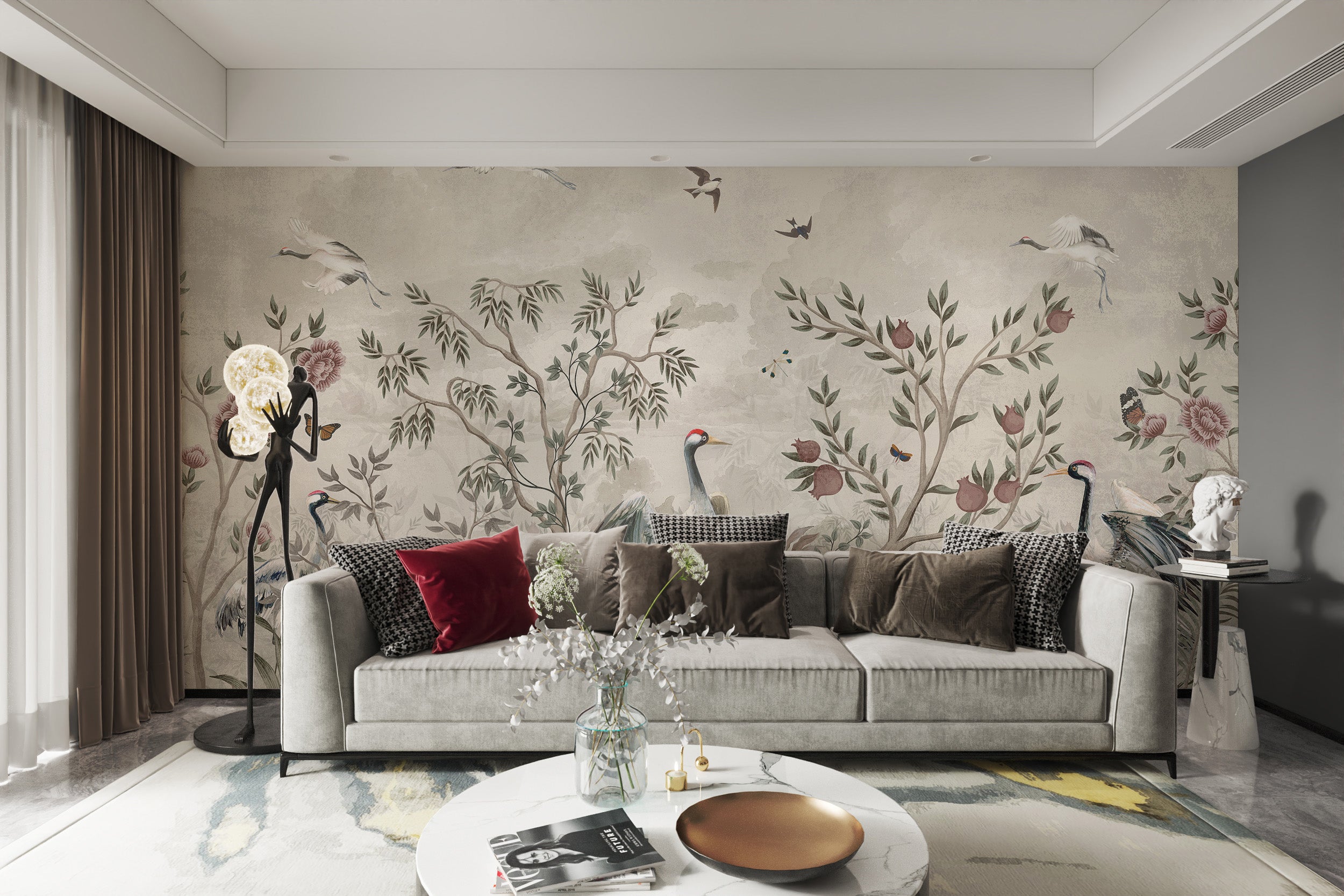 Artistic floral and bird vintage-themed wall design