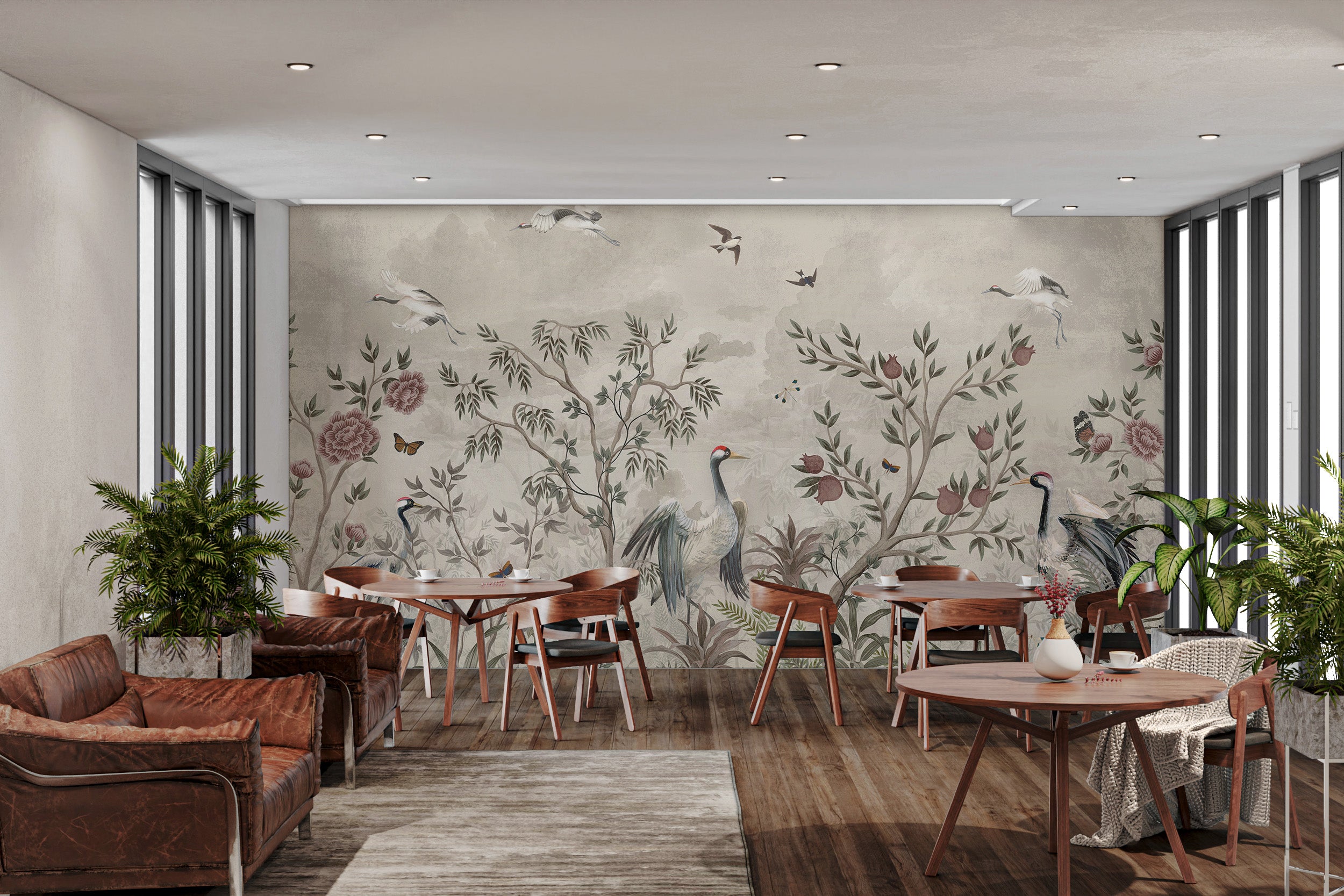 Soft-toned wallpaper featuring cranes and blossoms