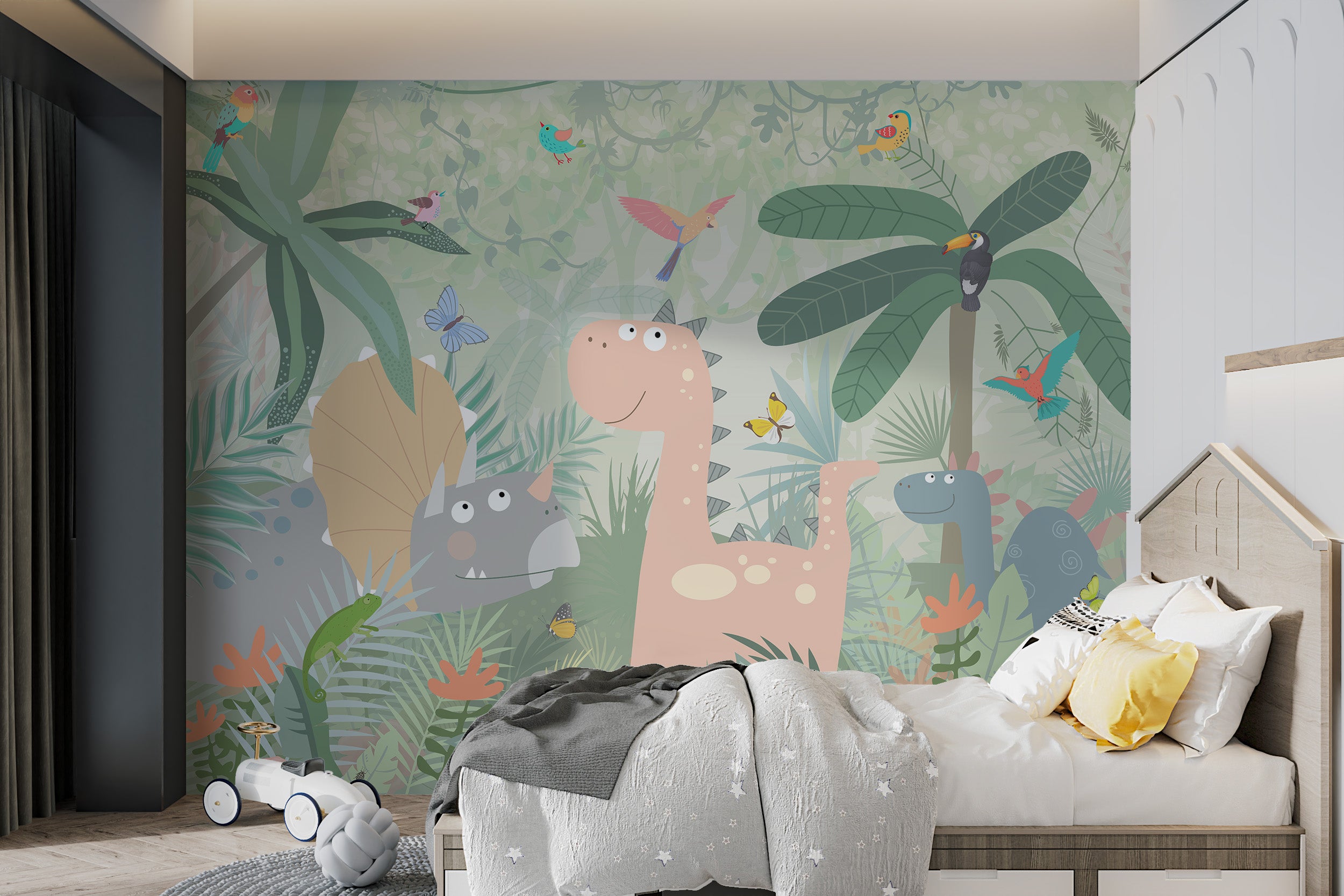 Cartoon dinosaurs in a vibrant jungle wallpaper