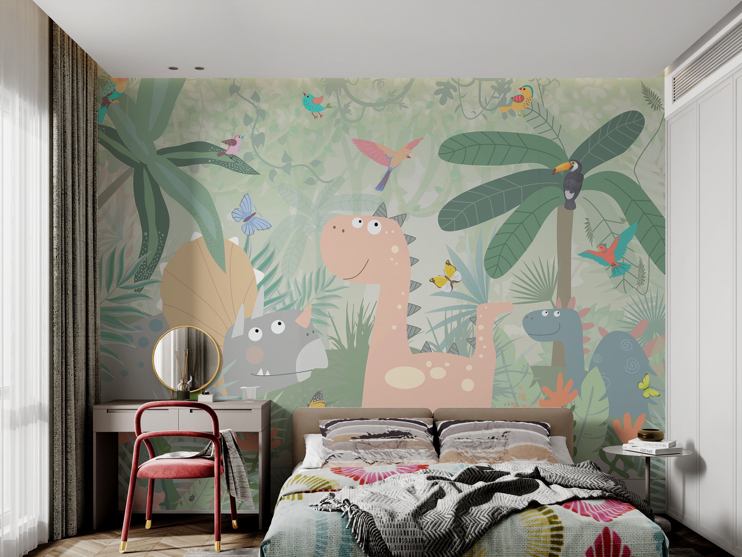 Playful jungle theme with dinosaurs and birds