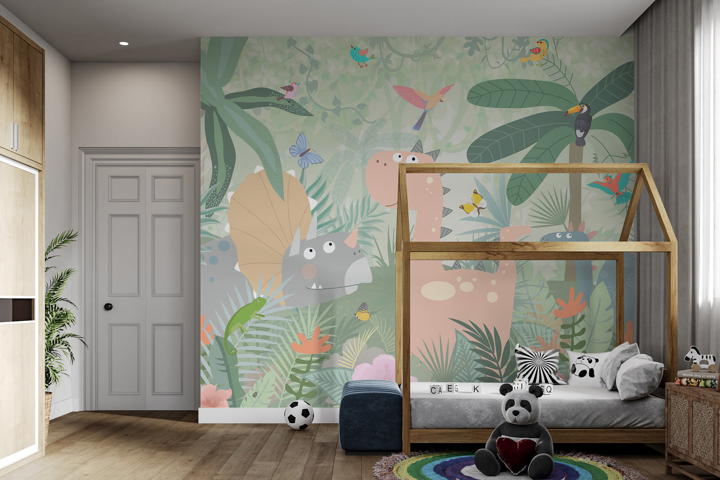 Fun wallpaper with dinosaurs and green foliage