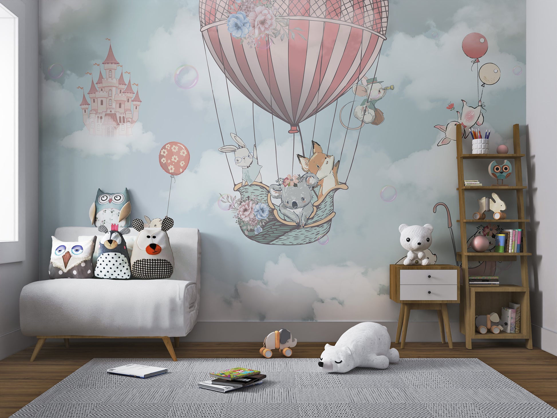 Cute animals in a hot air balloon wallpaper