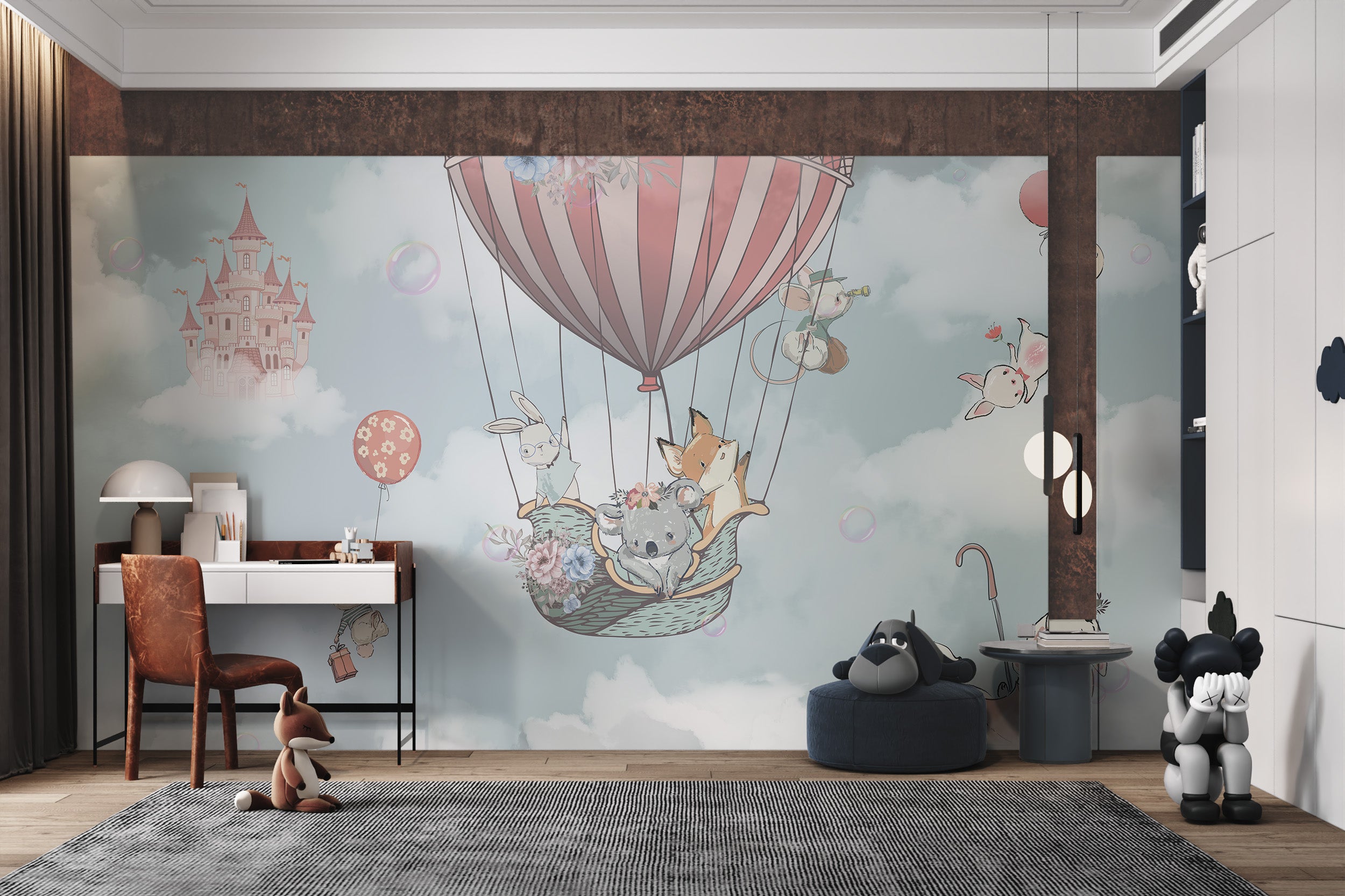 Bunnies and koala in a hot air balloon design