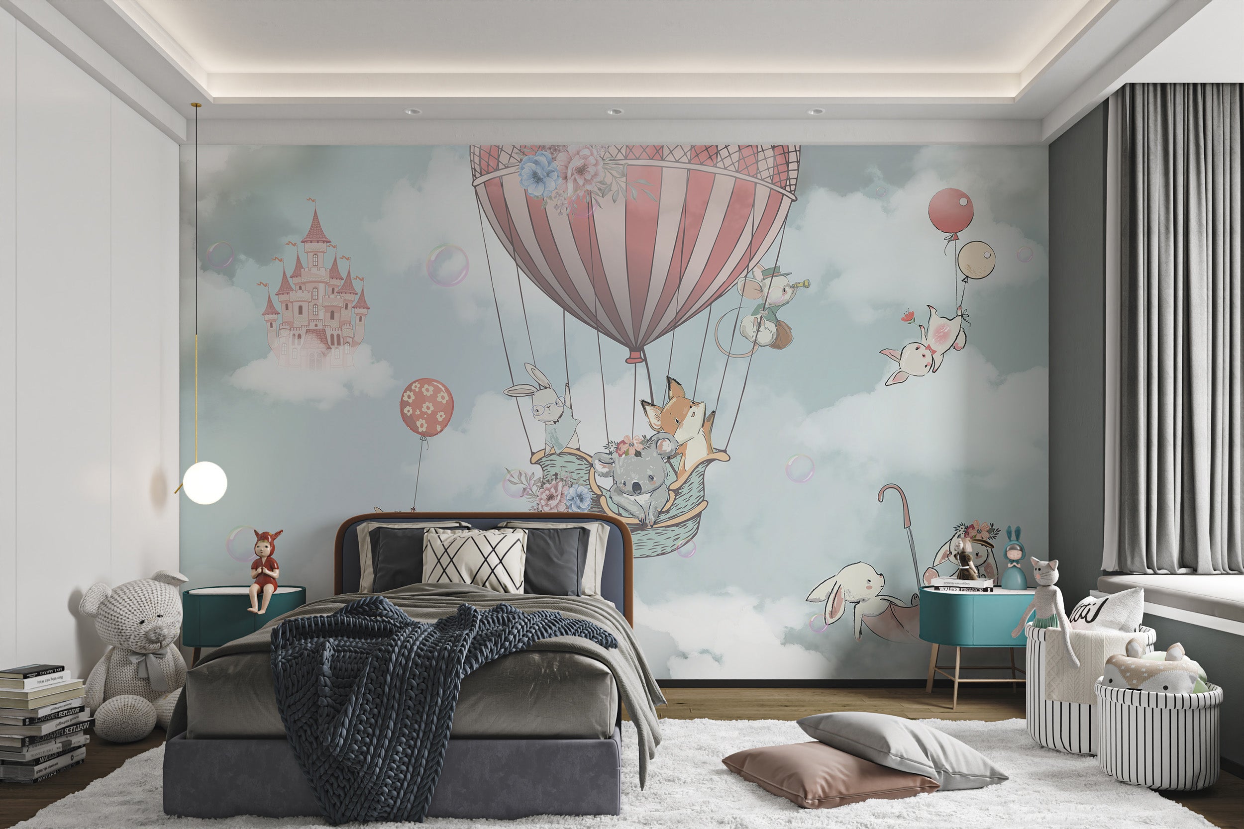 Whimsical animals flying in a balloon wallpaper