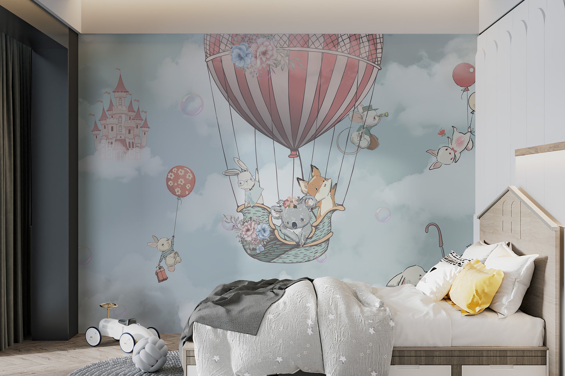 Kids' wallpaper with cute animals and balloons