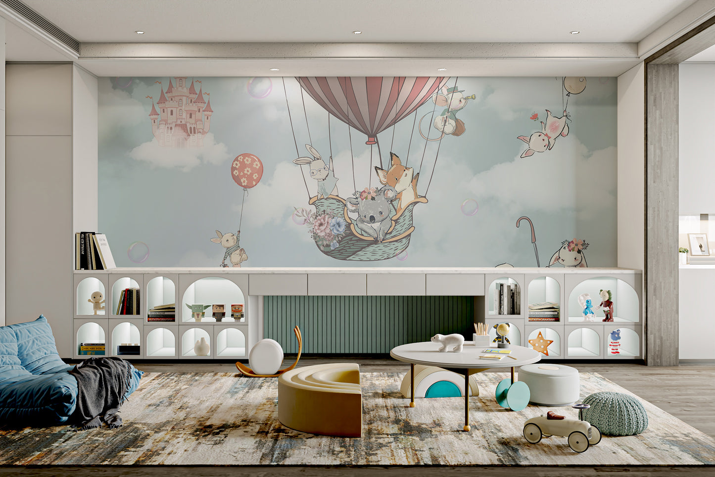 Adorable animals in a pastel hot air balloon mural