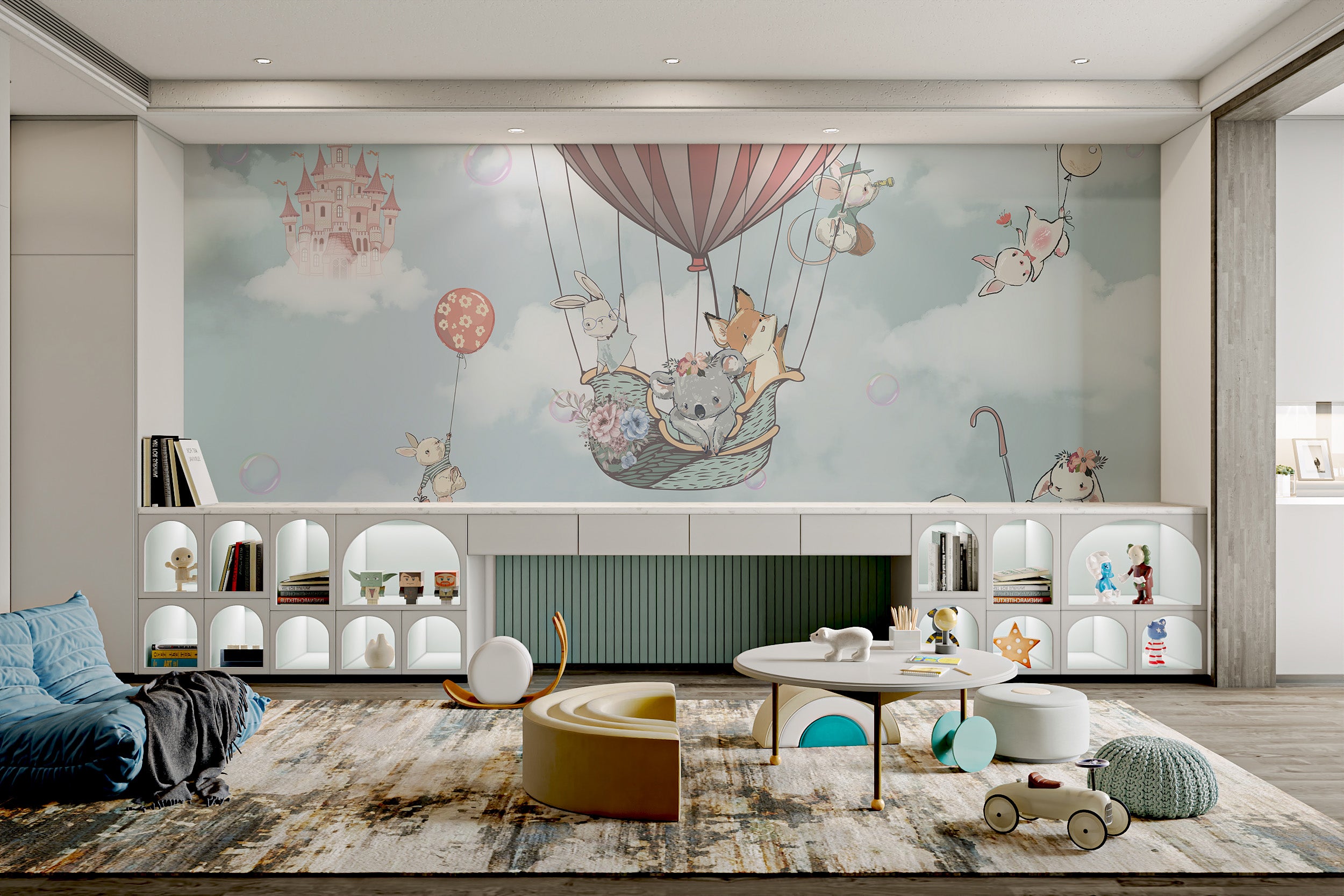 Adorable animals in a pastel hot air balloon mural