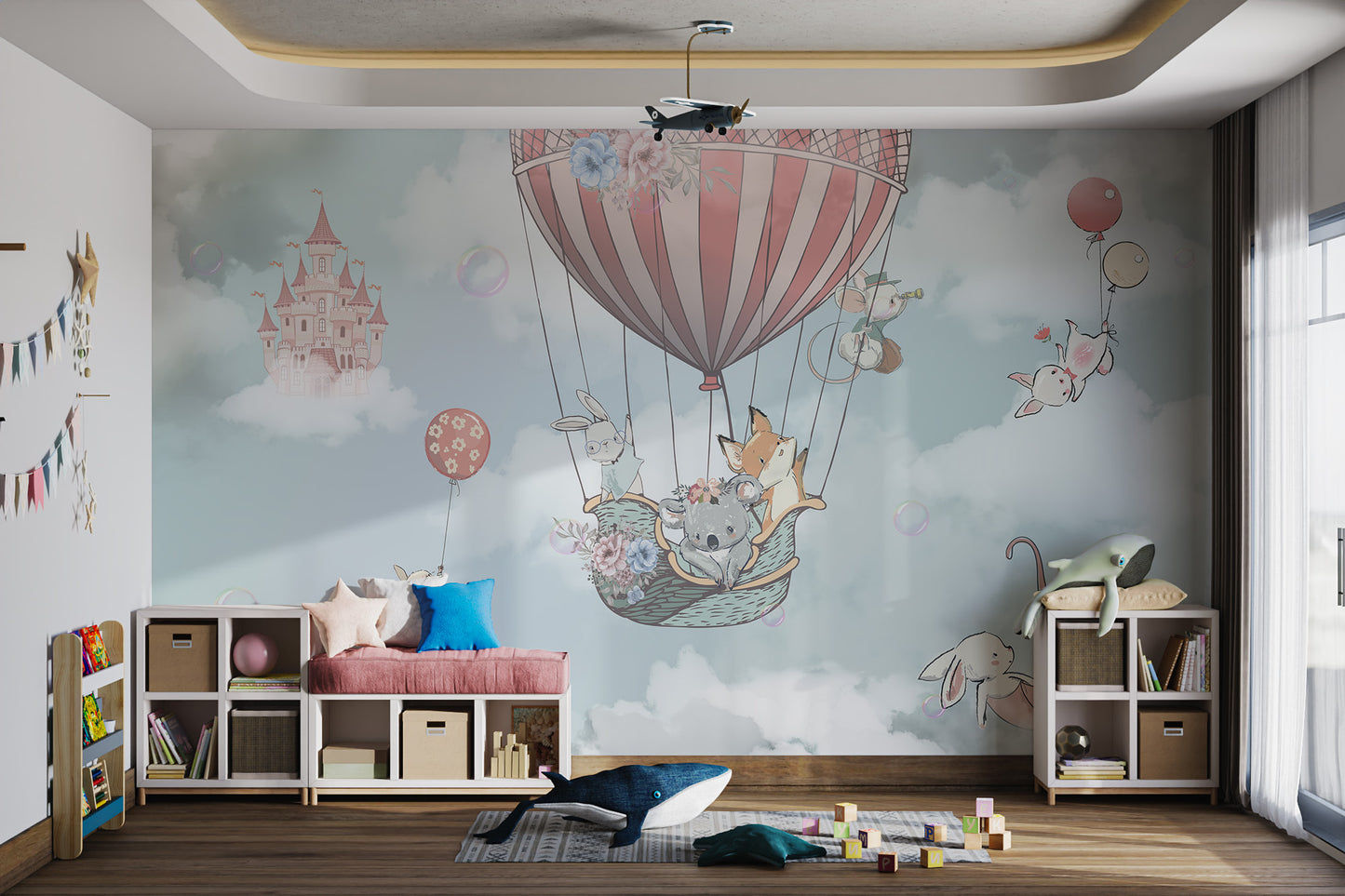 Balloon flying animals wallpaper for kids' rooms