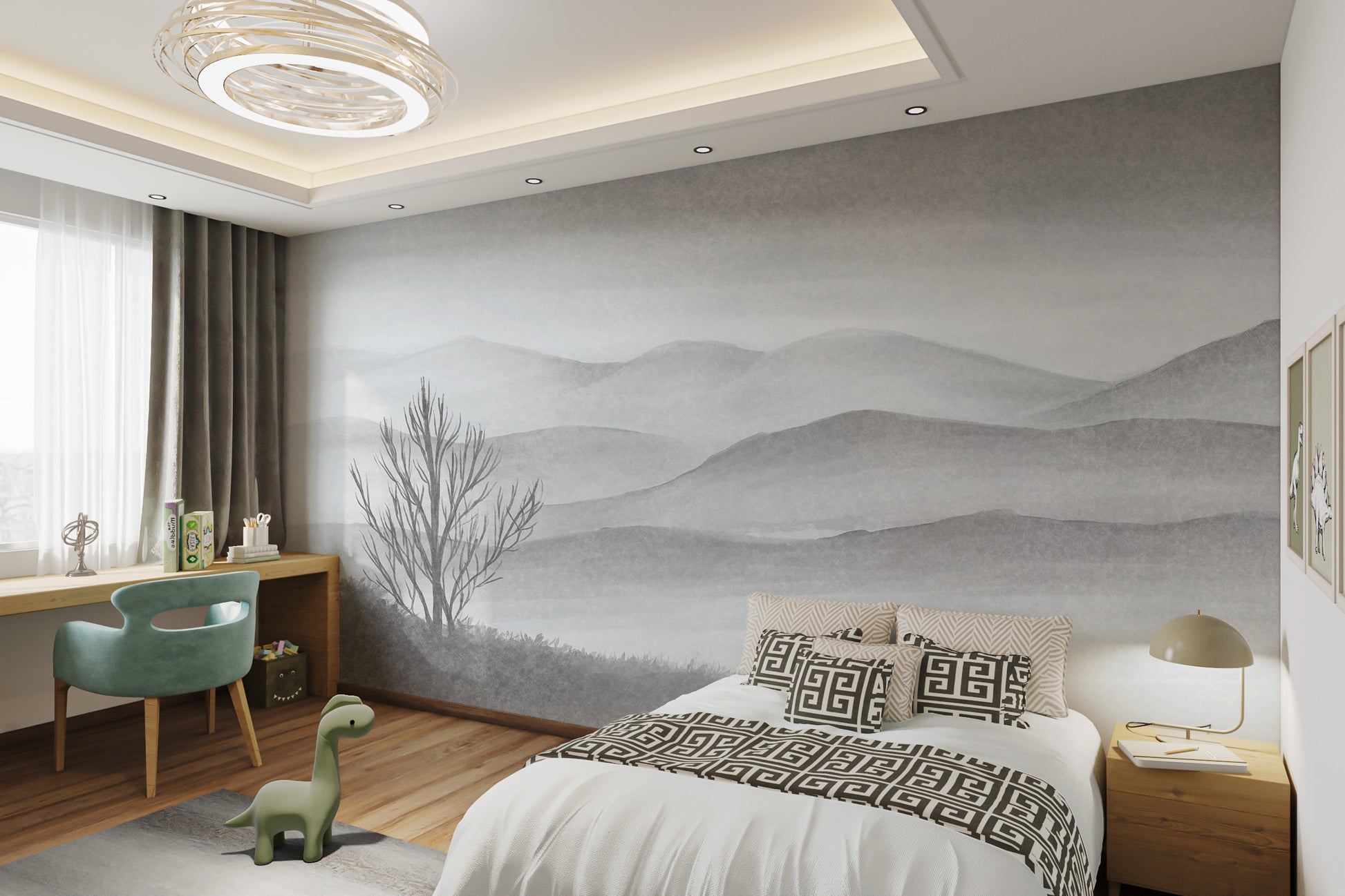 Calm foggy mountain lake with trees wall mural