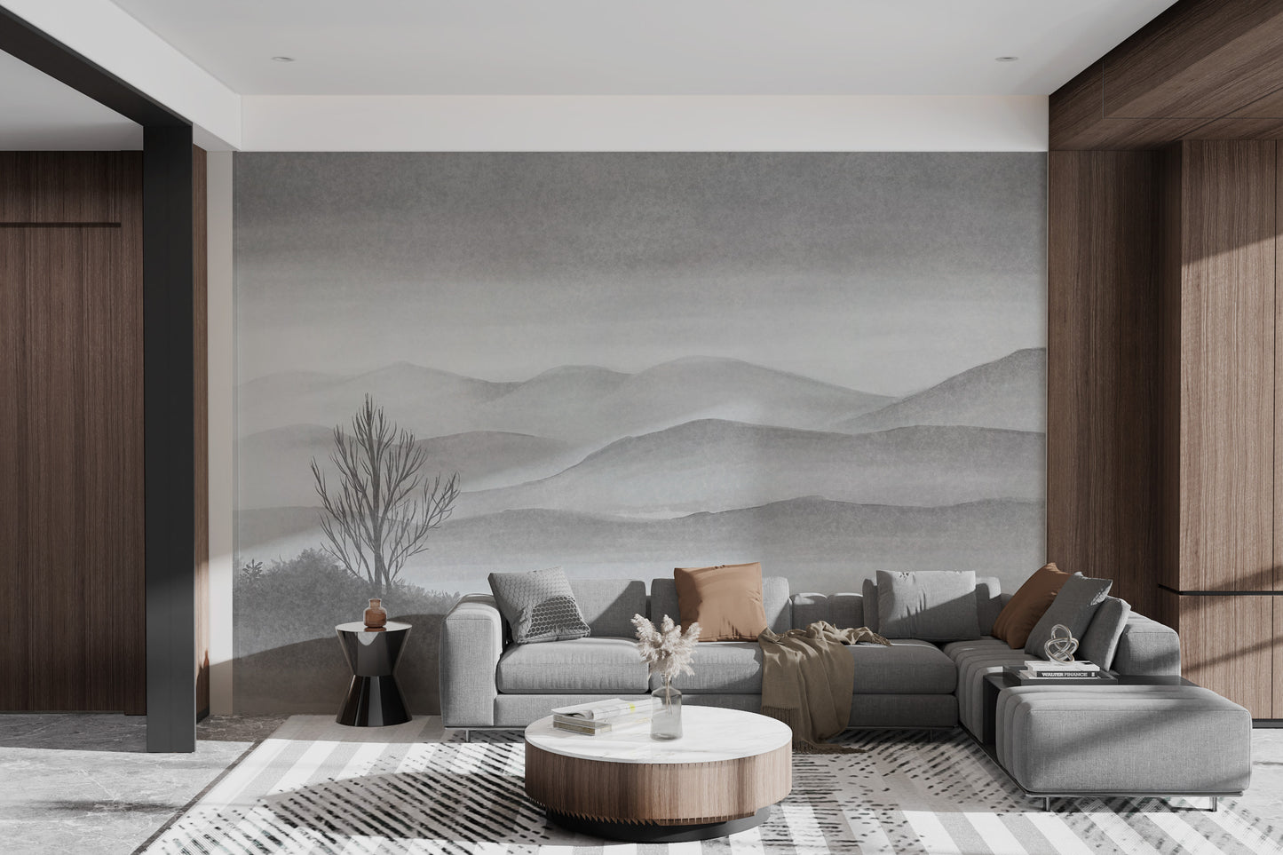 Gentle watercolor lake and mountain design mural