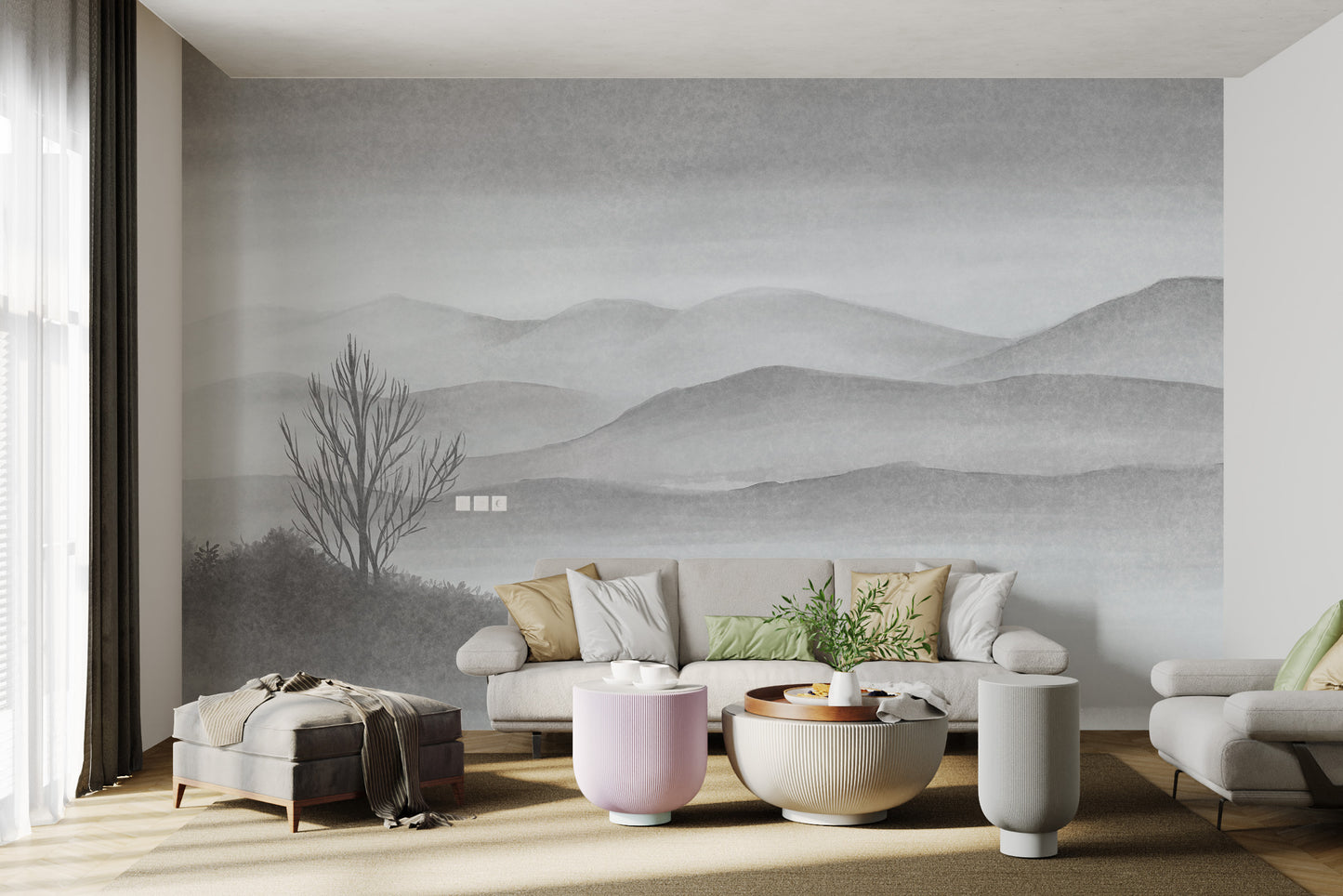 Misty mountains and lake watercolor wallpaper