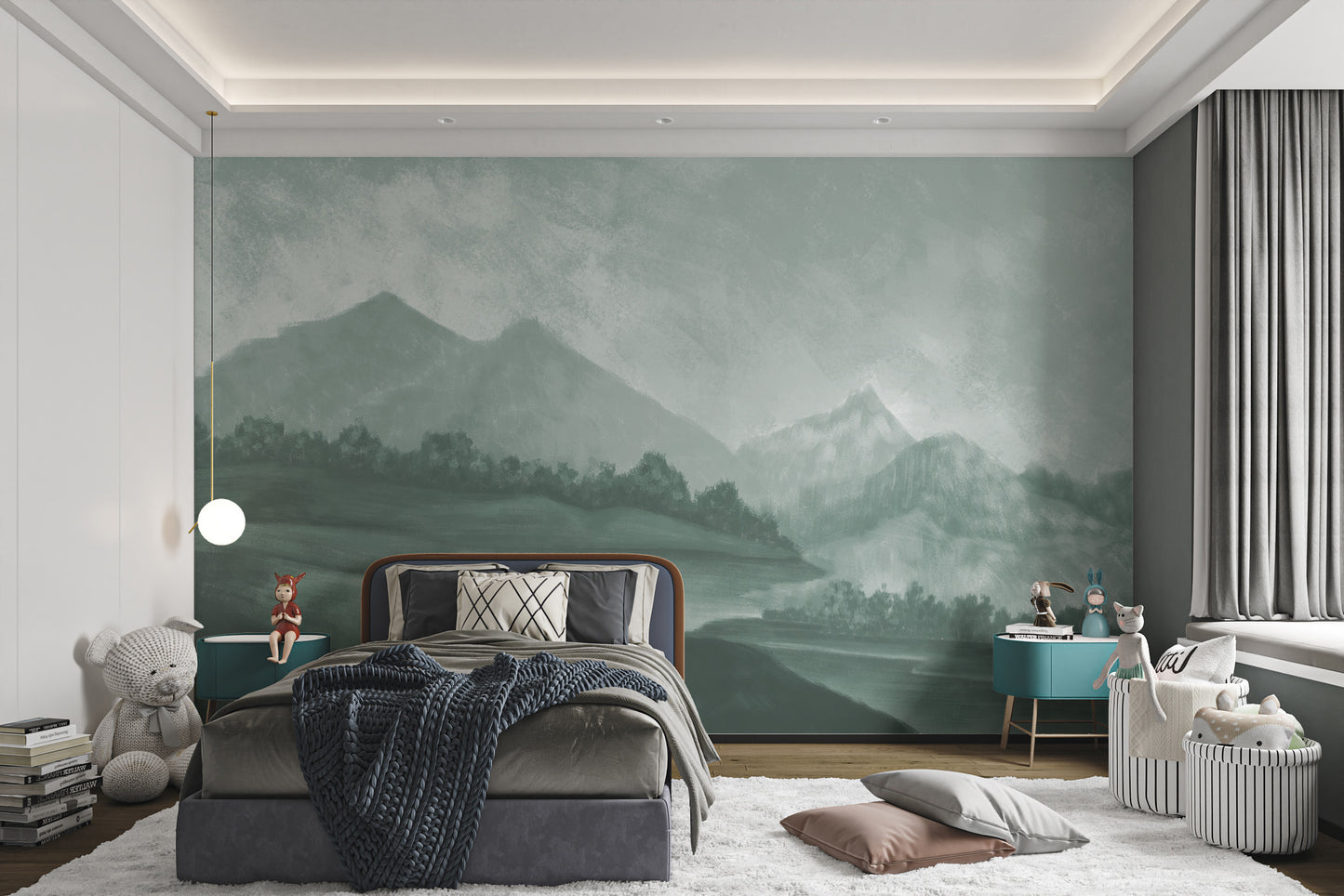 Green monochrome nature mural with mountains