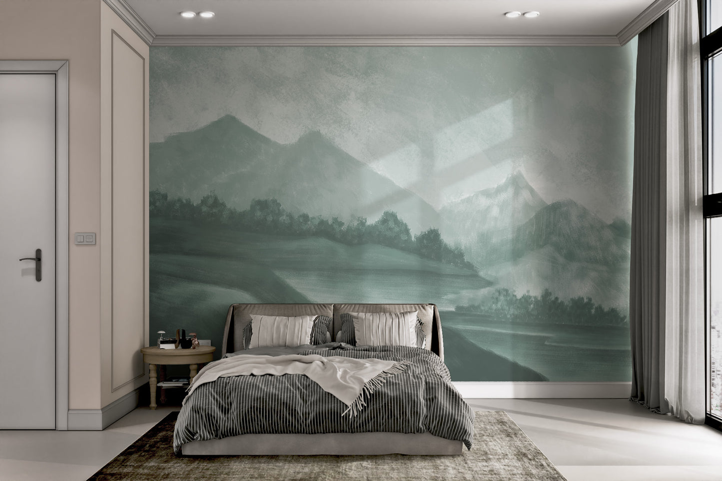 Scenic green mountain and forest landscape mural