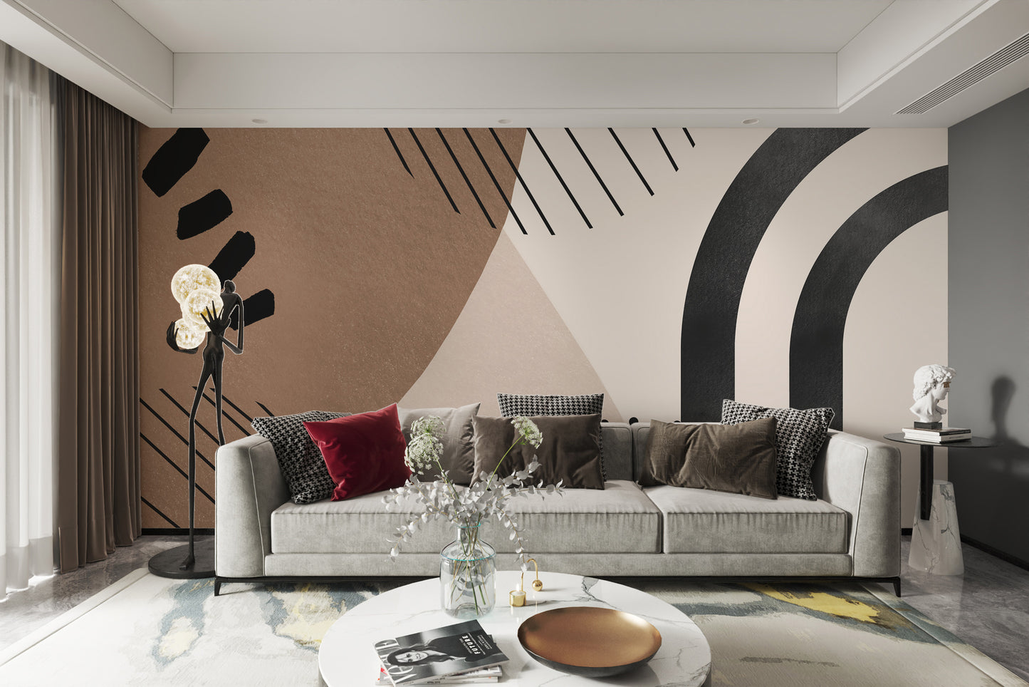 Geometric abstract wallpaper in beige, black, white