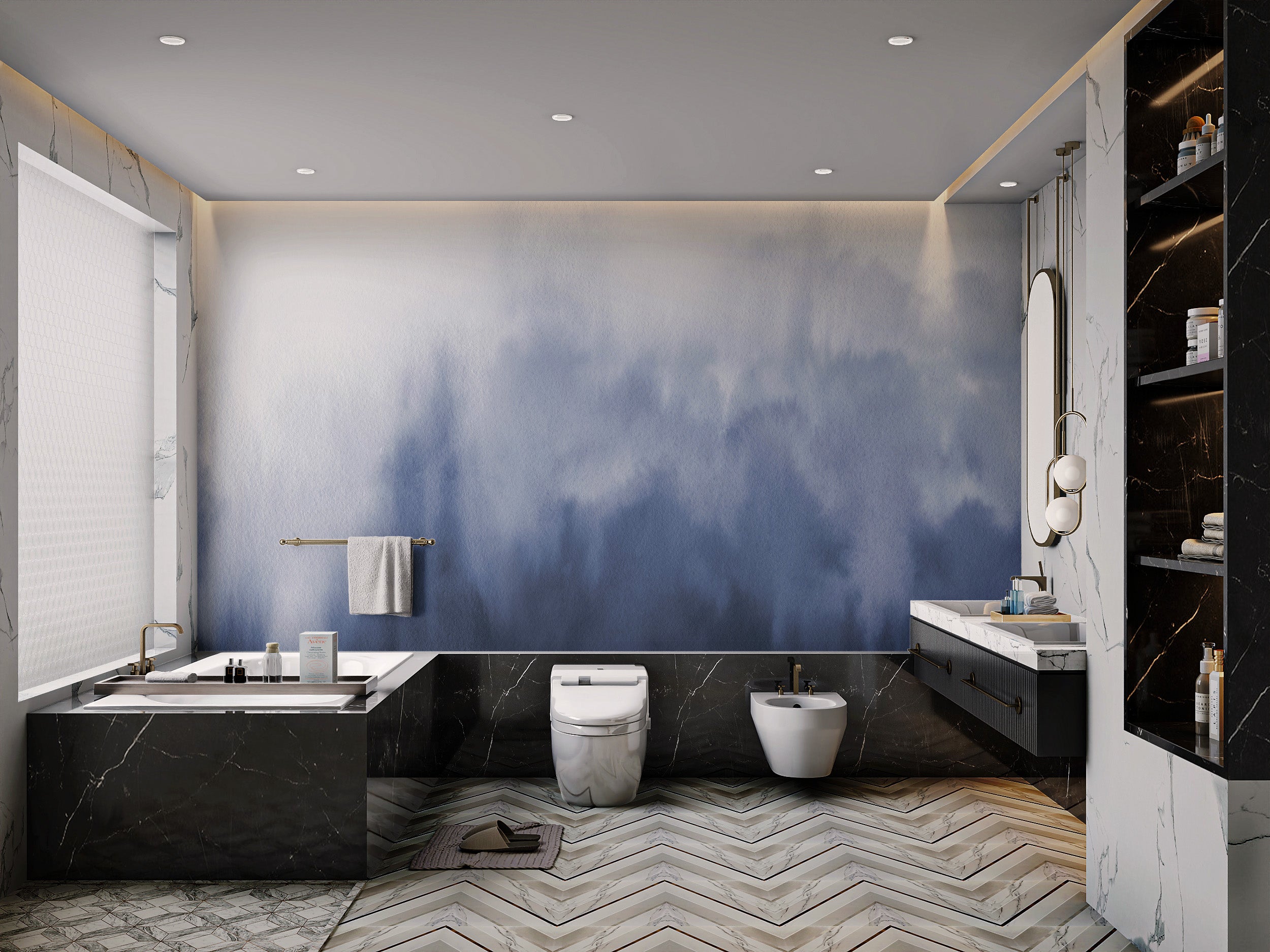 Navy blue watercolor wall mural with soft hues