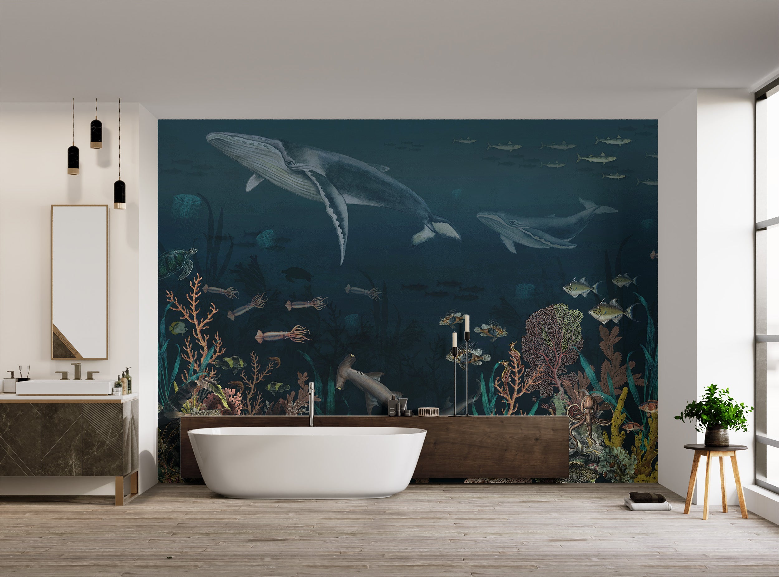 Underwater ocean scene with whales, fish, and corals